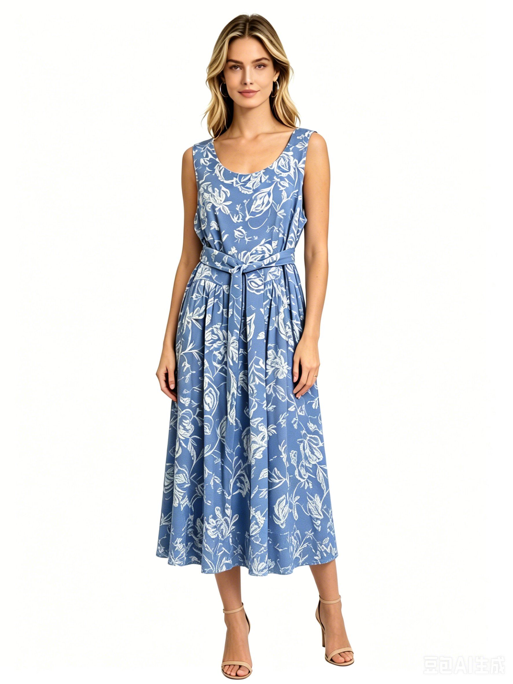 Wholesaler SweetMiss - Sleeveless women's dress, midi, high-waisted, with belt, floral print, round neckline, botanical pattern