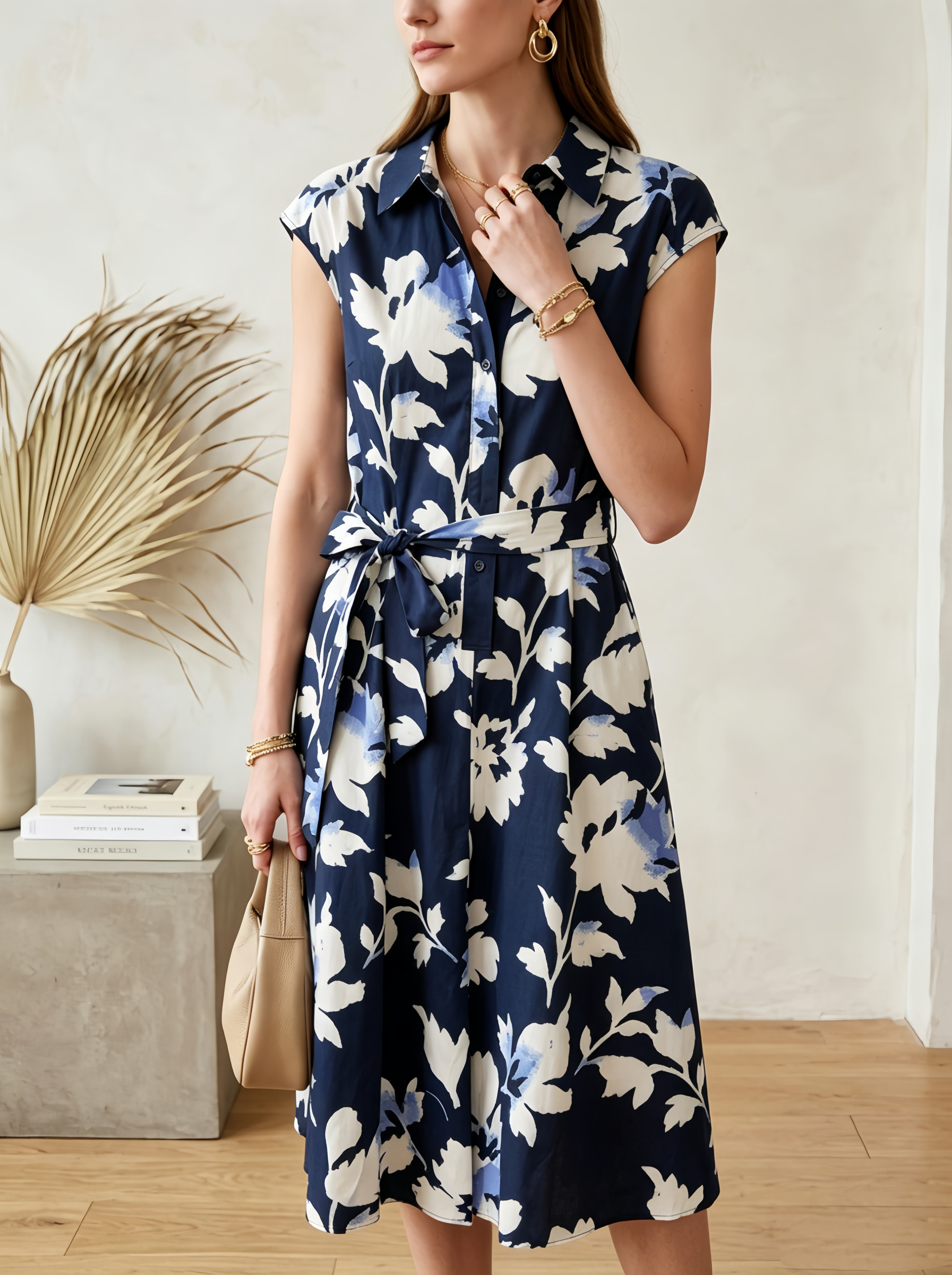 Wholesaler SweetMiss - Sleeveless shirt dress, shirt collar, front button closure, adjustable tie waist belt, midi length, navy blue color