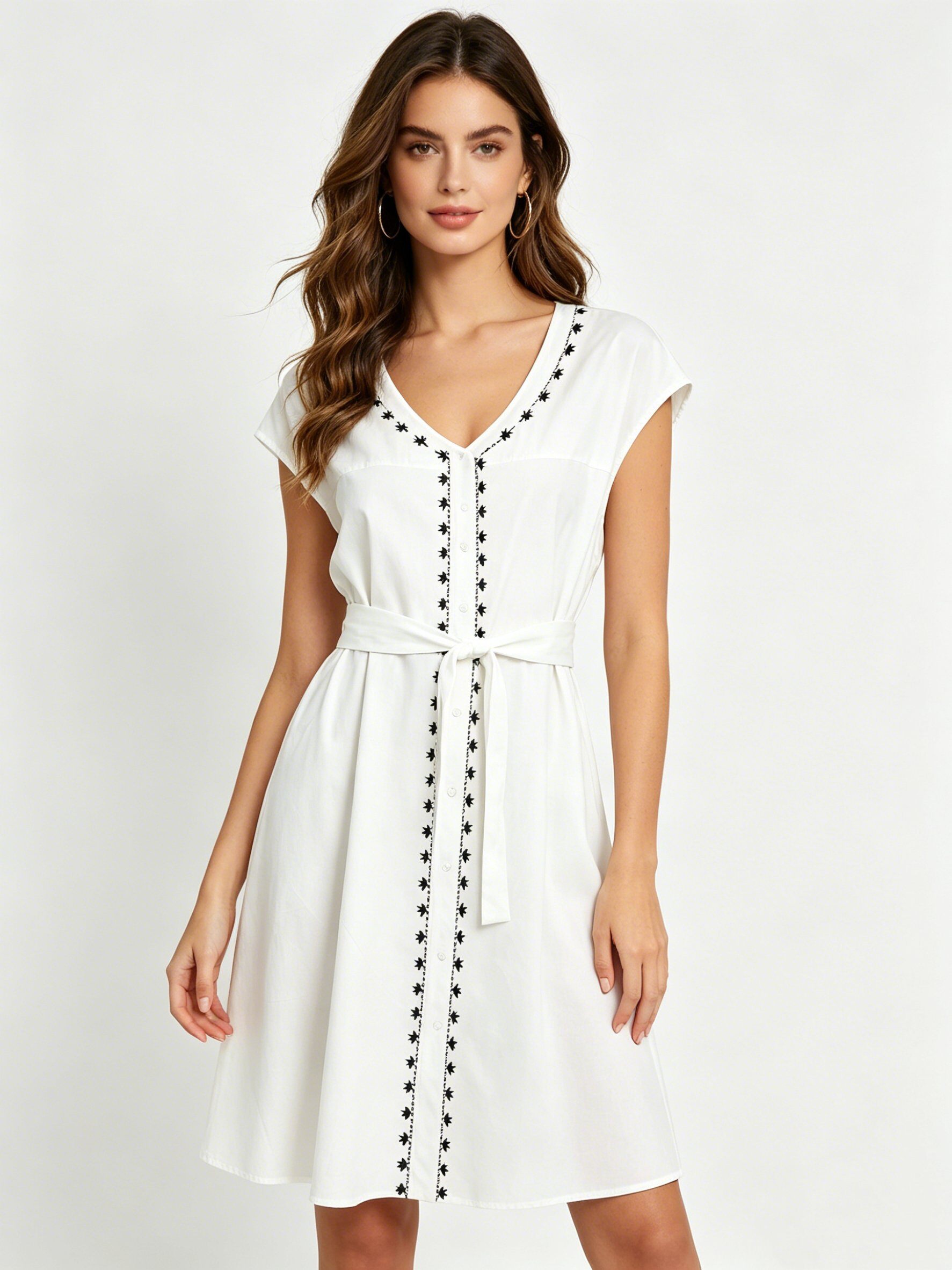 Mayorista SweetMiss - Vestido blanco y negro, sin mangas, con bordado, cinturón en la cintura, corte midi en A, elegante casual, business chic.