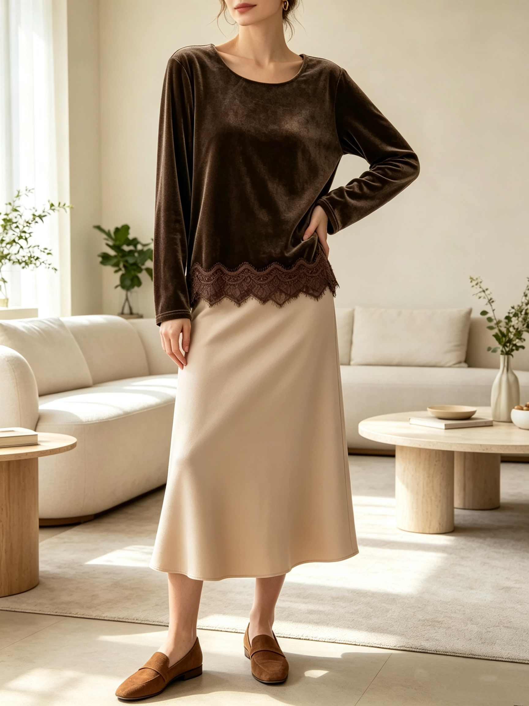 Wholesaler SweetMiss - Velvet top, decorative lace at the bottom, flared midi skirt, two-piece set, long sleeves, round neck, soft fabric, minimalist look