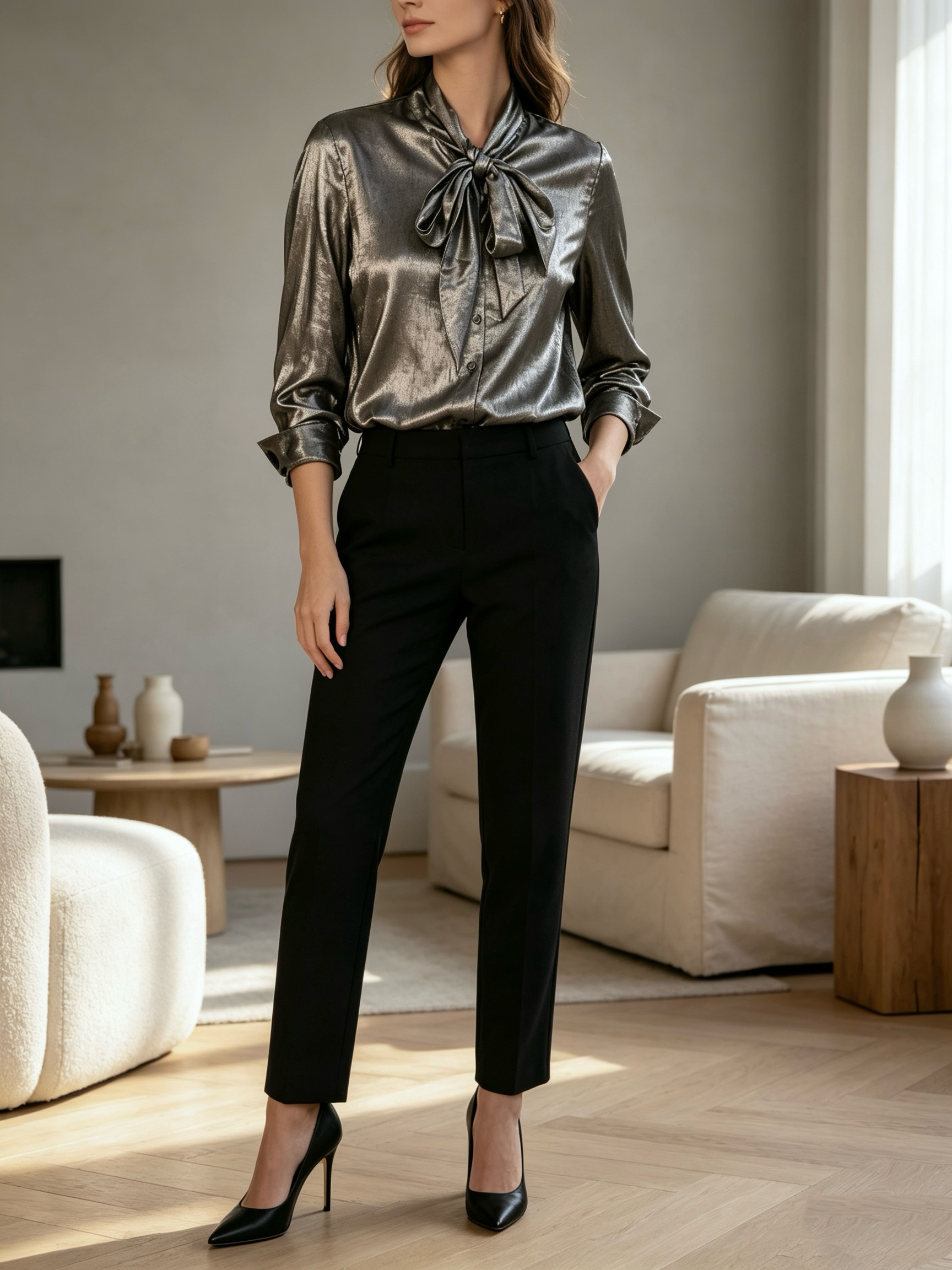 Wholesaler SweetMiss - Blouse with neck bow, long-sleeve blouse, shiny blouse, metallic effect, elegant women's blouse, satin, chic style, evening outfit