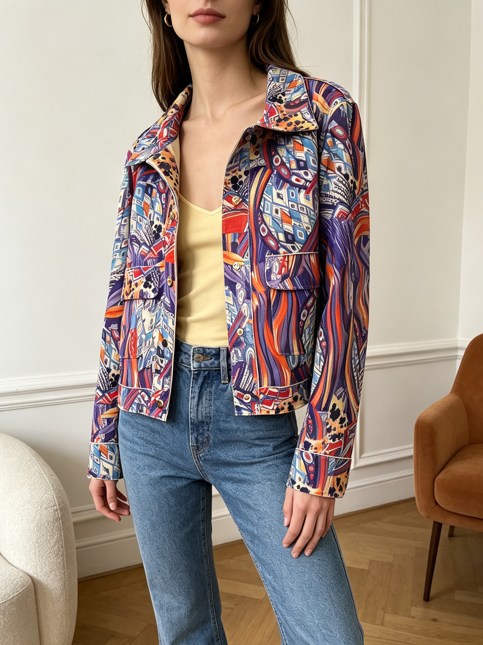 Grossiste SweetMiss - Veste courte à motif abstrait, impression artistique multicolore, veste chemise à col à revers, boutons métalliques, coupe courte, impression picturale