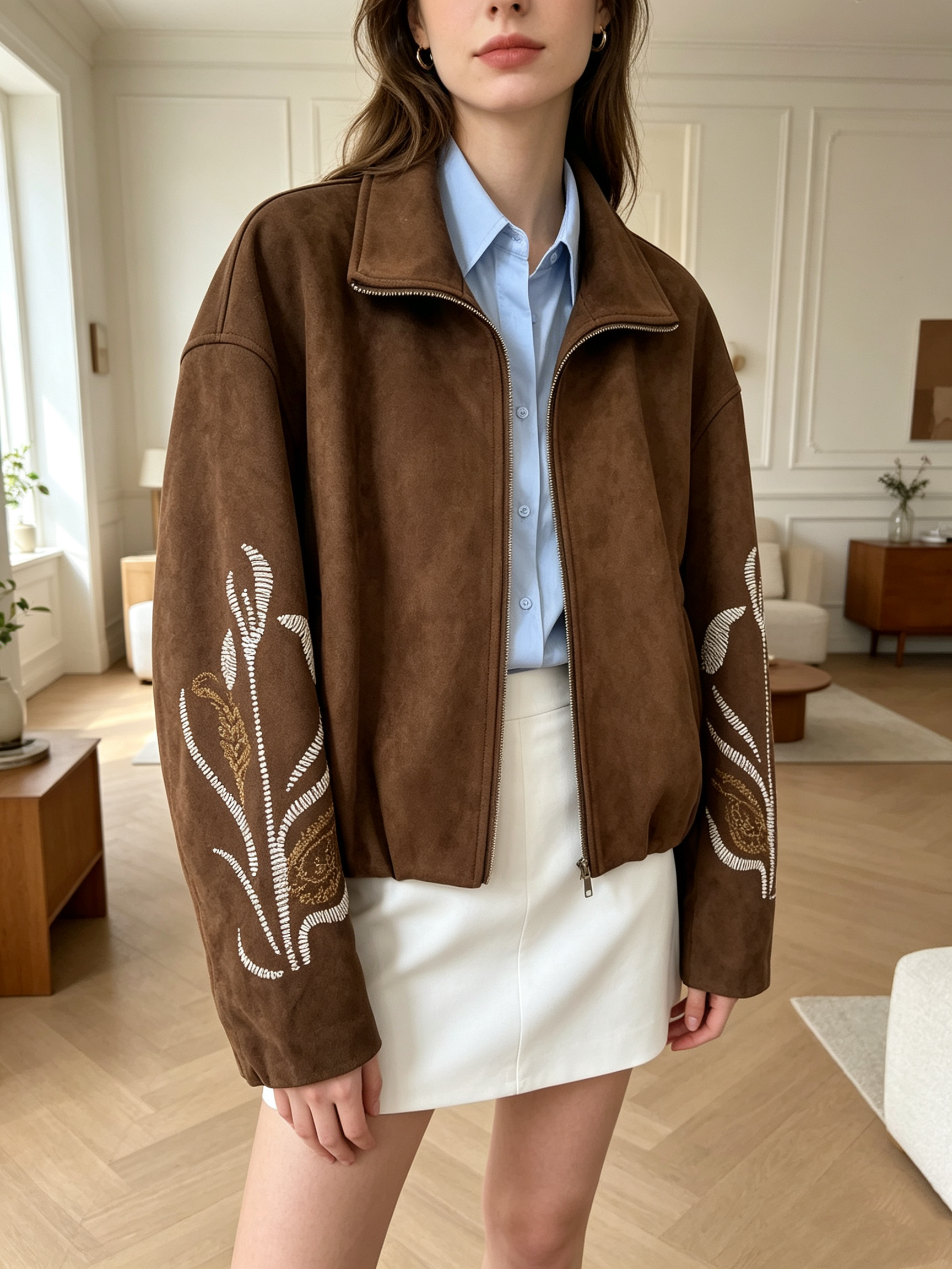 Grossista SweetMiss - Giacca corta effetto camoscio,ricamo floreale sulle maniche, chiusura con zip metallica,modello oversize,orlo elastico, maniche larghe