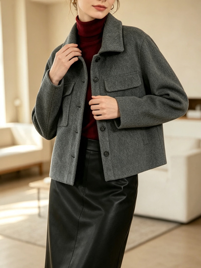 Wholesaler SweetMiss - Short wool jacket, shirt collar, front buttons, cropped style, soft wool fabric, casual elegant style Wholesaler SweetMiss - Short wool jacket, shirt collar, front buttons, cropped style, soft wool fabric, casual elegant style