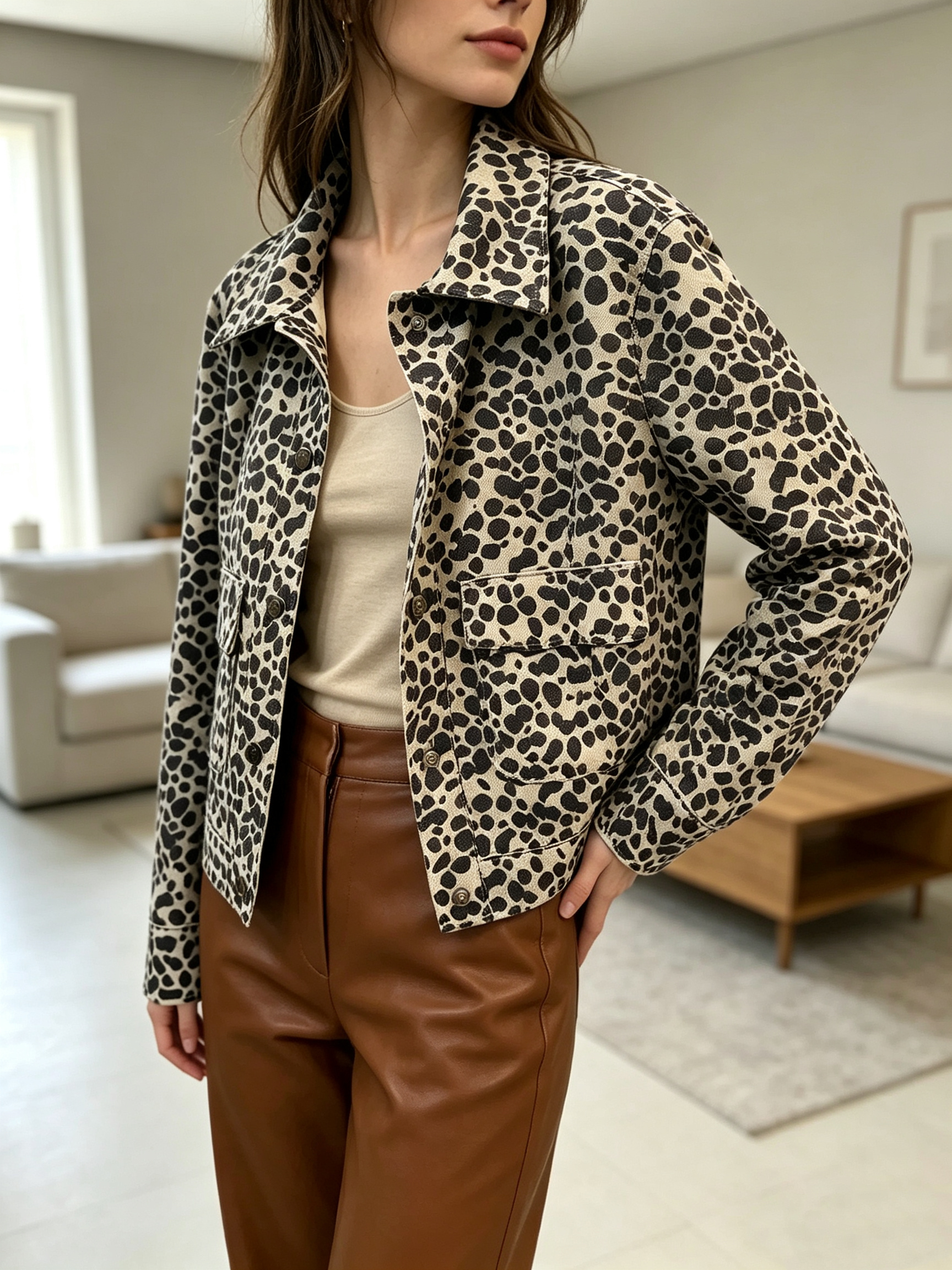 Wholesaler SweetMiss - Leopard short jacket, cream-colored background, trucher style jacket, short model, casual-chic style, shirt collar, button closure