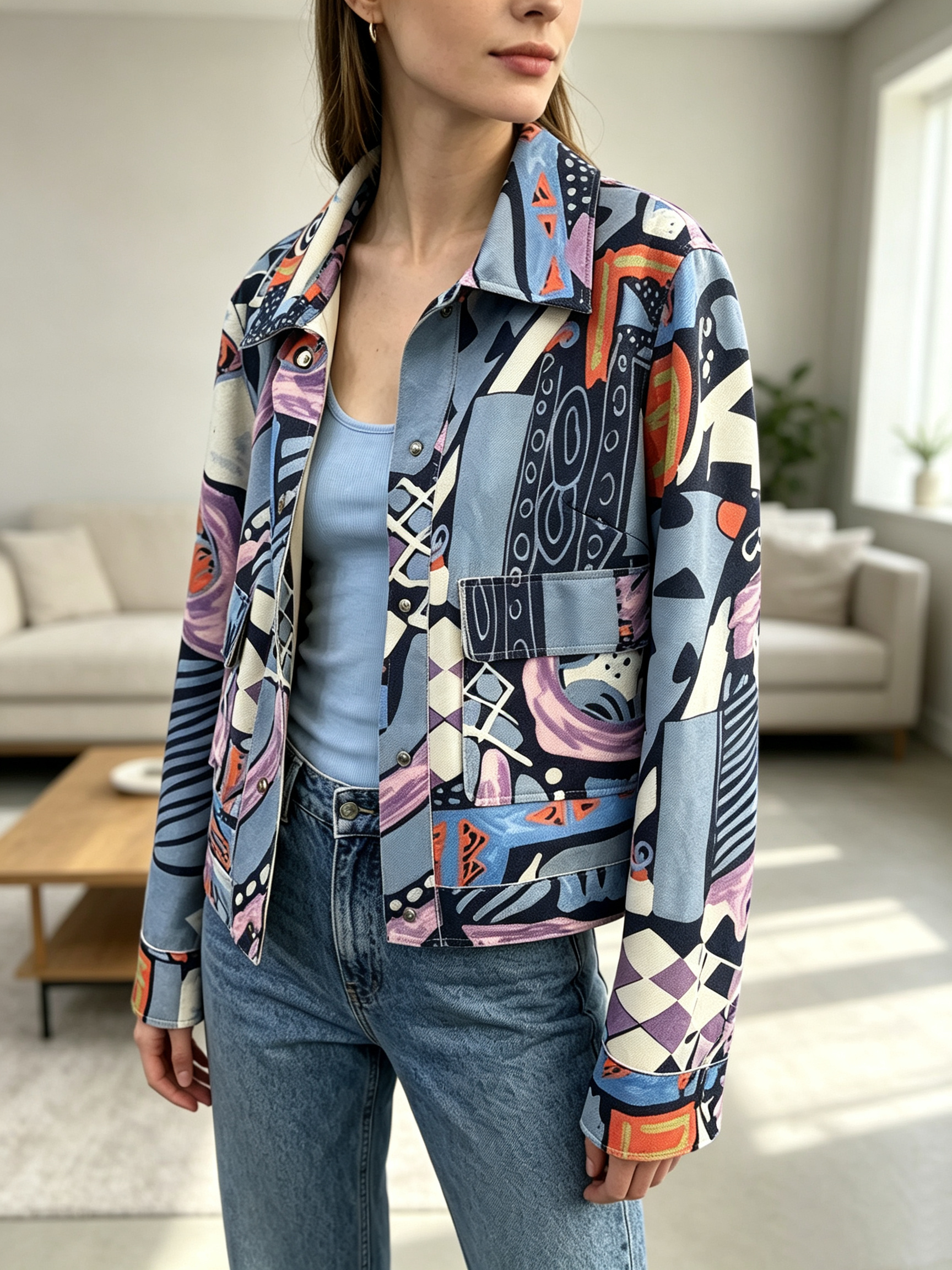 Wholesaler SweetMiss - Short jacket with abstract print, geometric artistic style, shirt collar, cropped cut, pictorial print, casual women's model