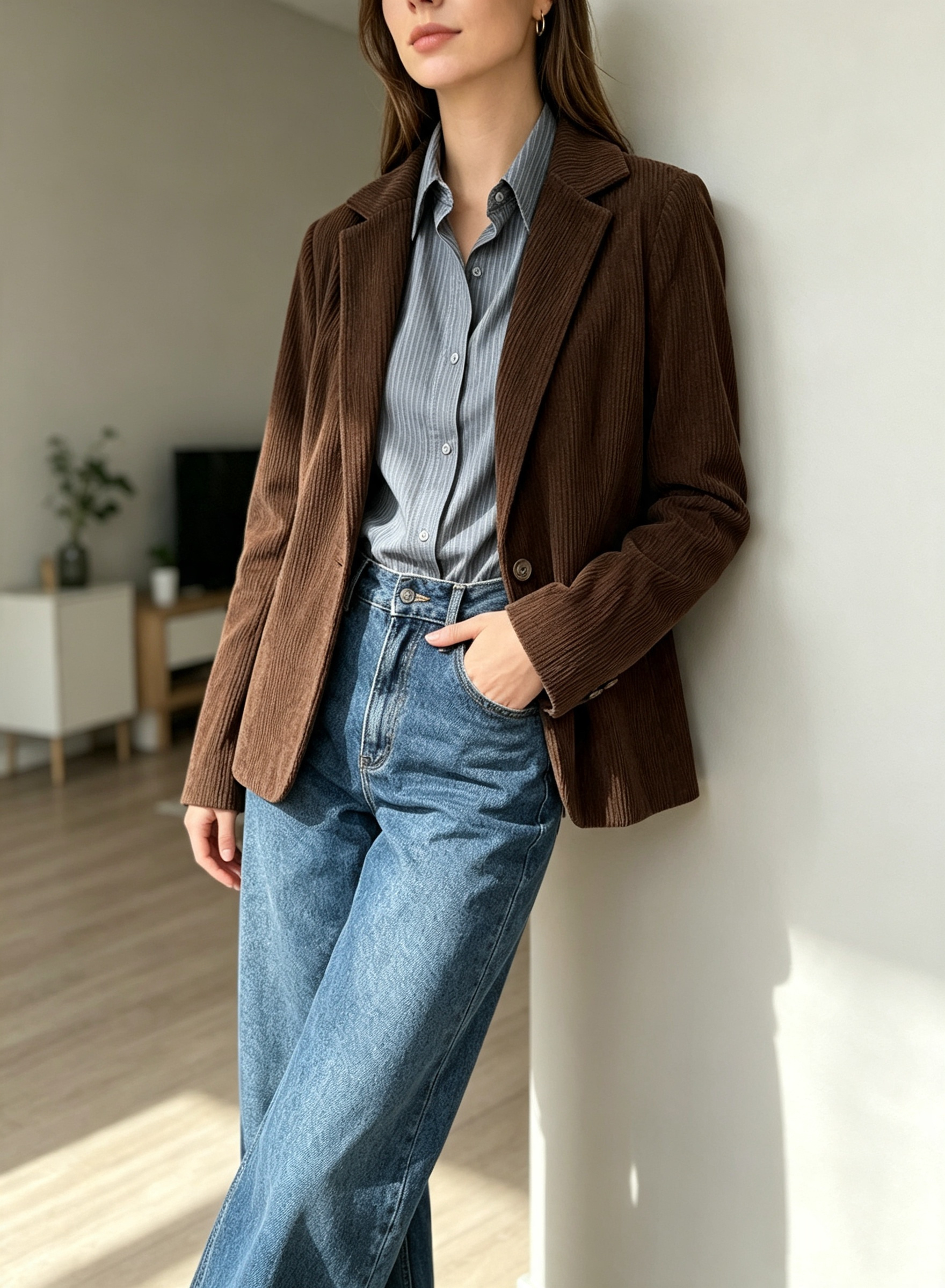 Wholesaler SweetMiss - Corduroy blazer, women's corduroy, single-breasted with one button, classic lapel, regular fit cut, women's office jacket, smart casual outfit