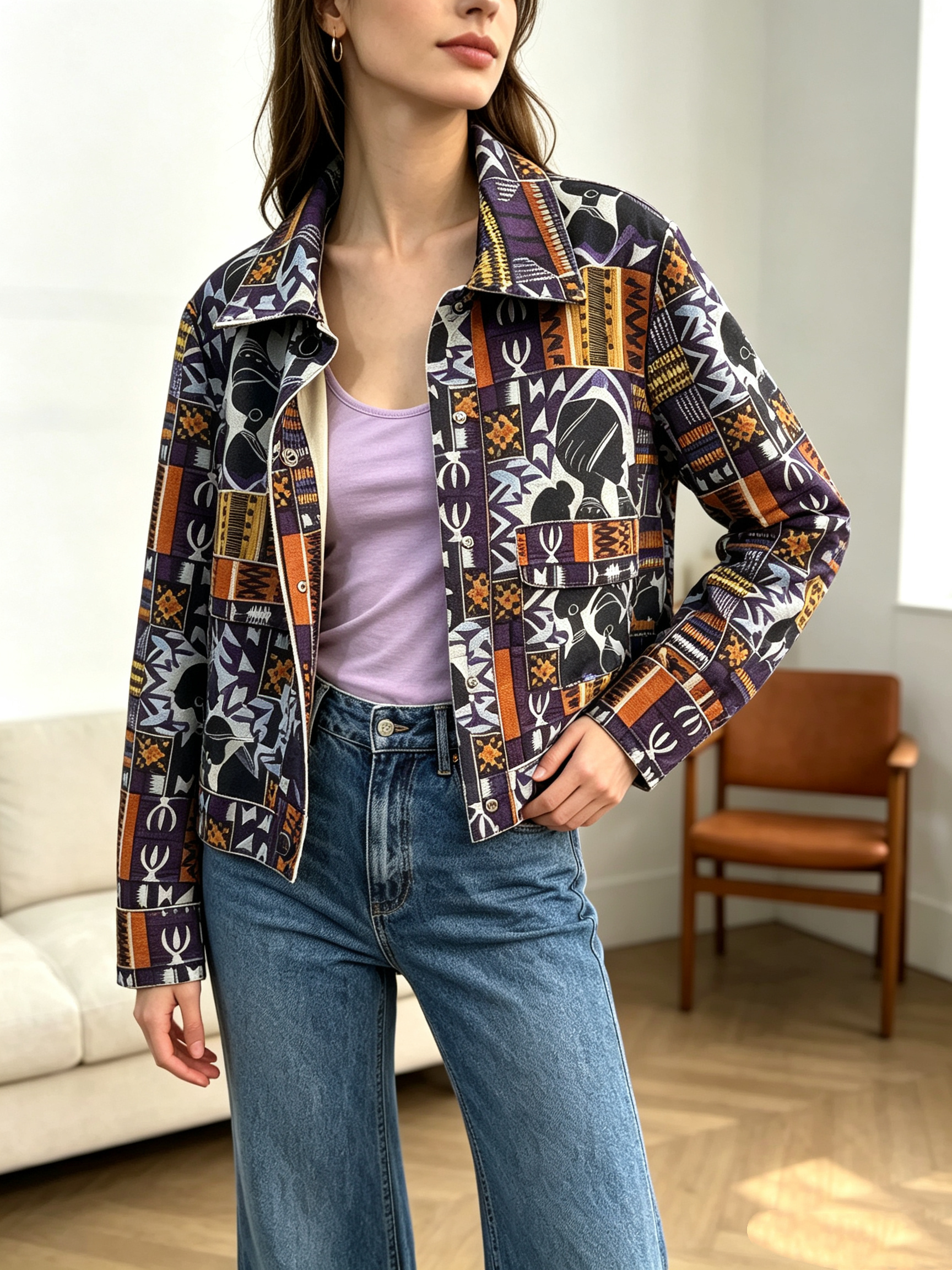 Wholesaler SweetMiss - Short jacket with ethnic pattern, featuring tribal print, lapel collar jacket, with front pockets, metallic buttons, streetwear fashion, geometric print.