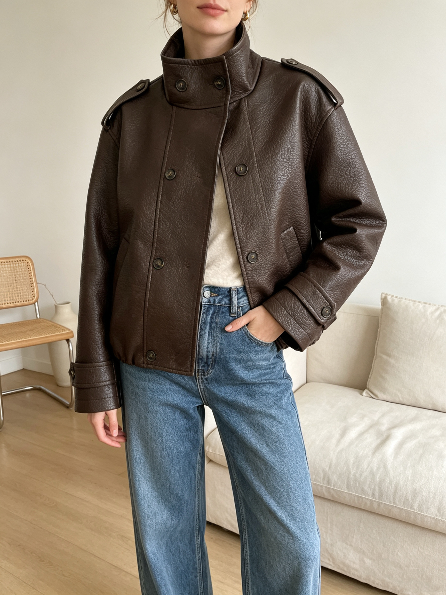 Wholesaler SweetMiss - Short leather jacket, textured leather effect, double-breasted buttons, high raised collar, epaulettes with buttons, adjustable buckle cuffs, oversized fit