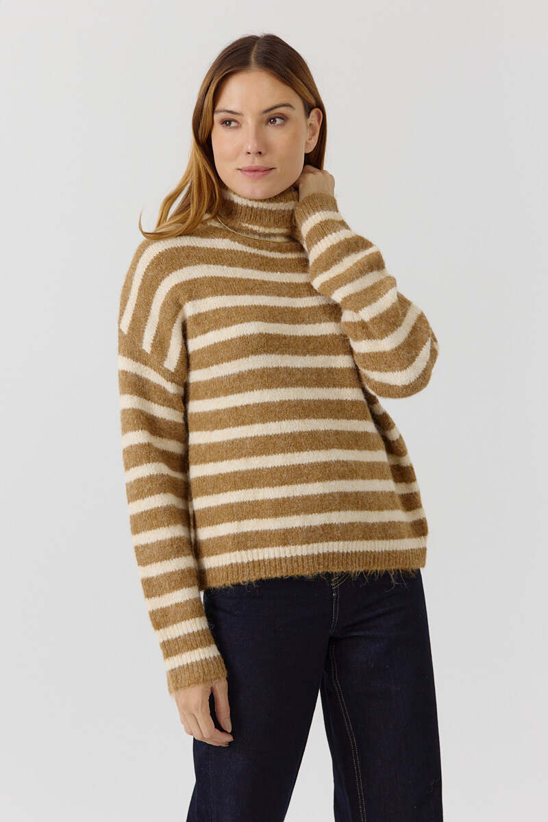 Pull en maille à rayures, parfait pour l'automne, 67% polyester, 9% laine, fabriqué en Chine, collection 2025/2026.