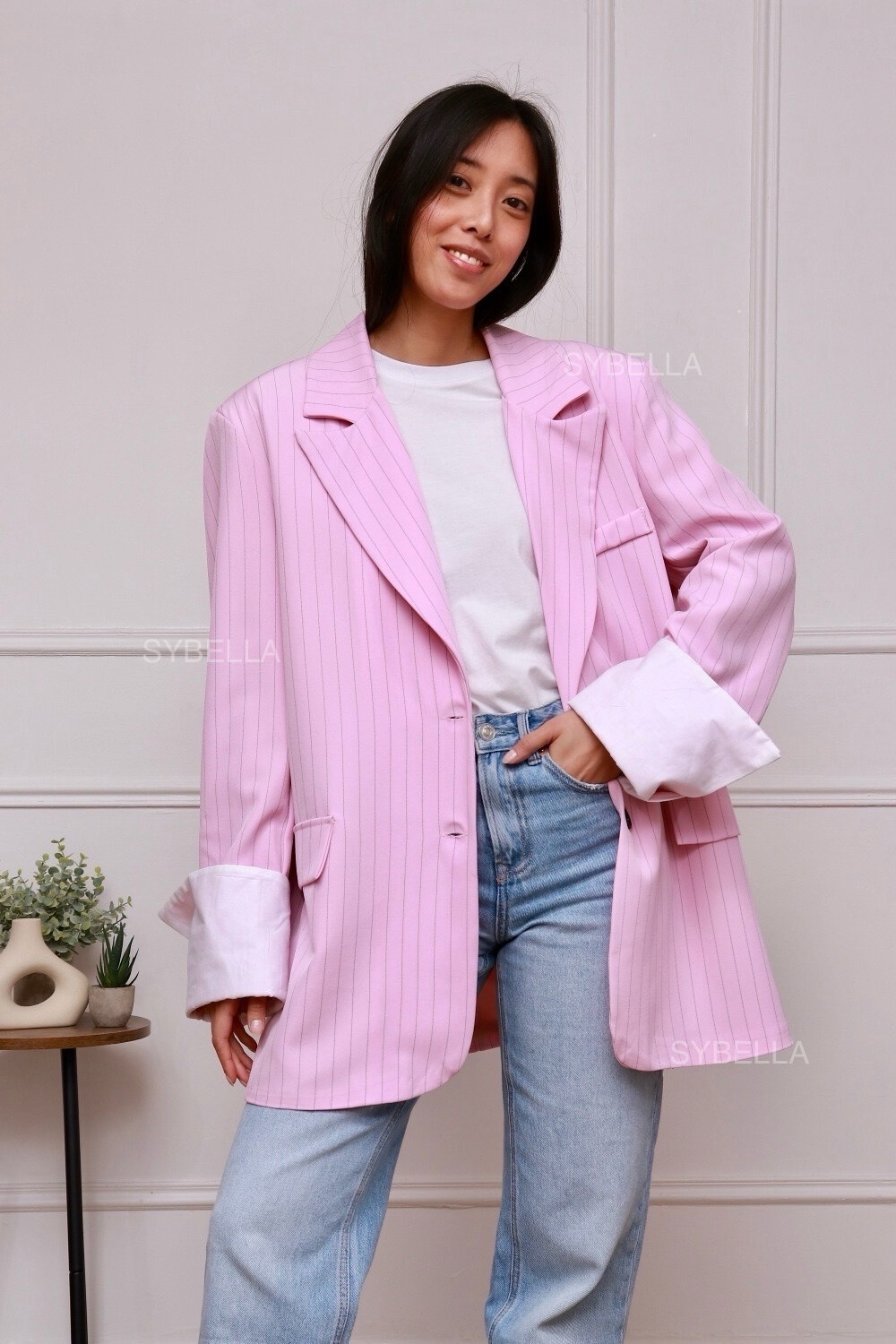 Grossiste SYBELLA - Blazer oversize rayé, manches revers blanc