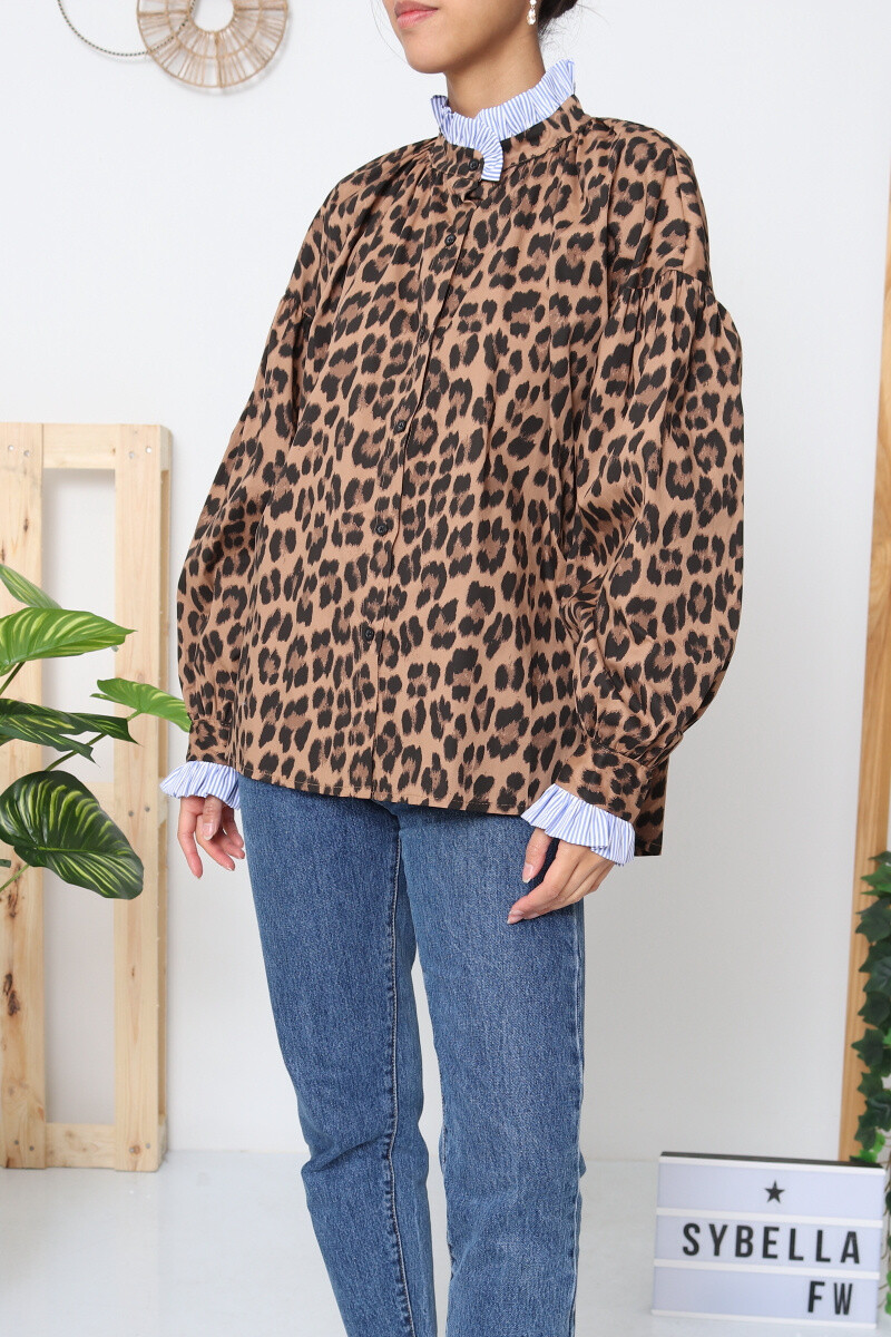 Grossiste SYBELLA - Chemise coton imprimé léopard et volants rayures