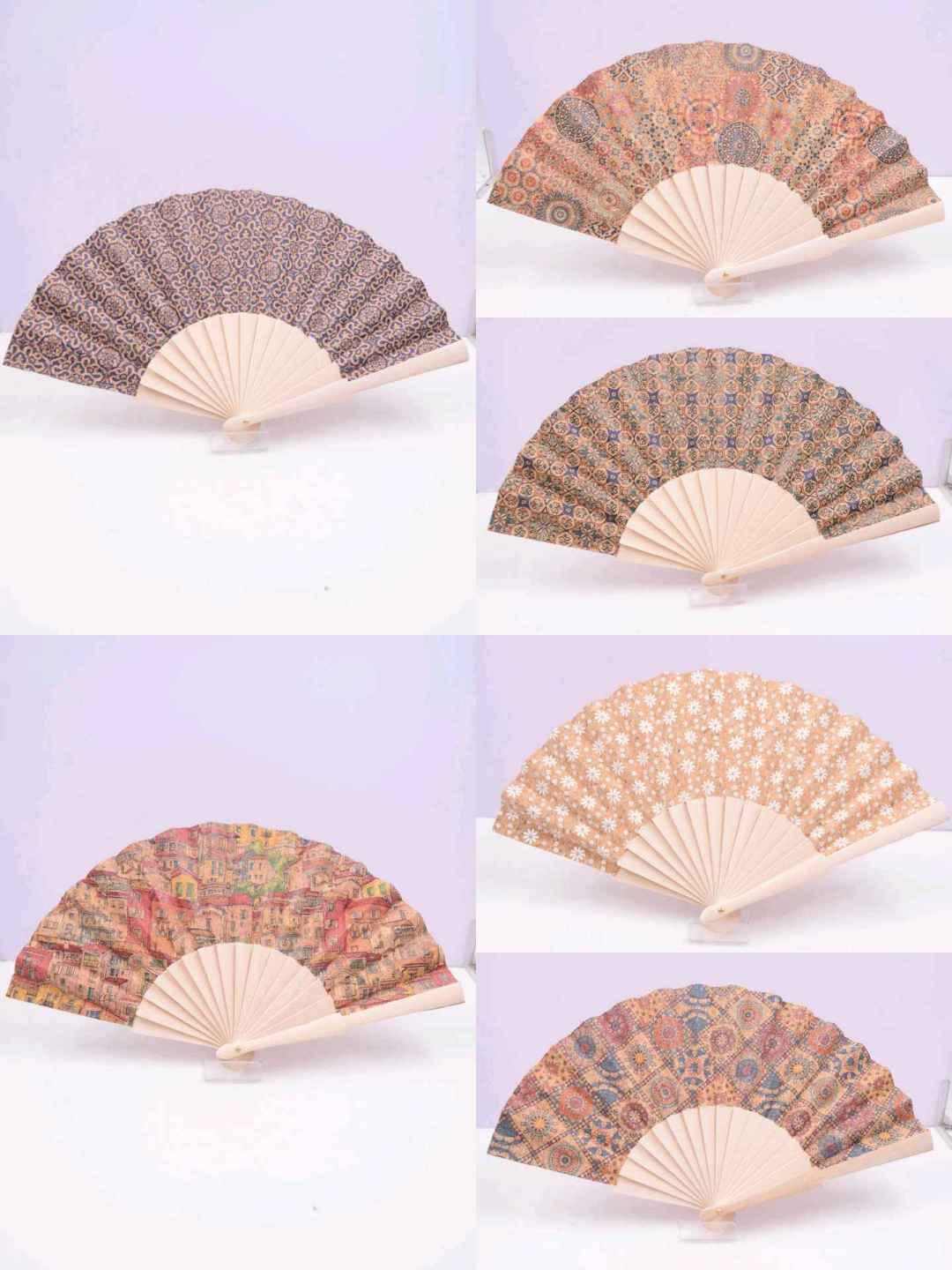 Grossiste SyStyle - Éventail pliant en bois effet liège, motifs vintage bohèmes, couleurs assorties aléatoires