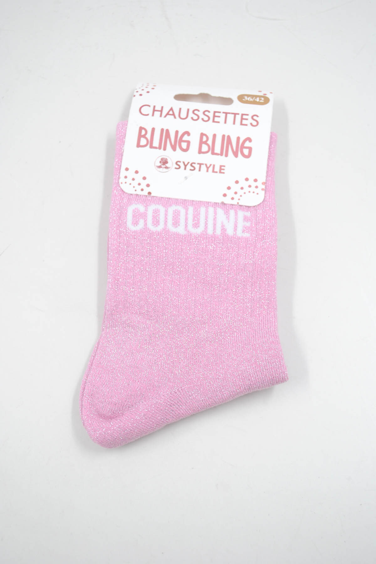 Wholesaler SyStyle - Mid-calf shiny socks with French message COQUINE, cotton blend, sizes 36 to 42, light pink with sparkling silver thread