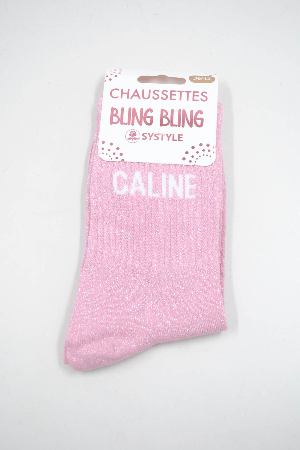 Wholesaler SyStyle - Mid-calf shiny socks with French message CALINE, mixed cotton, sizes 36 to 42, light pink color with shimmering golden thread