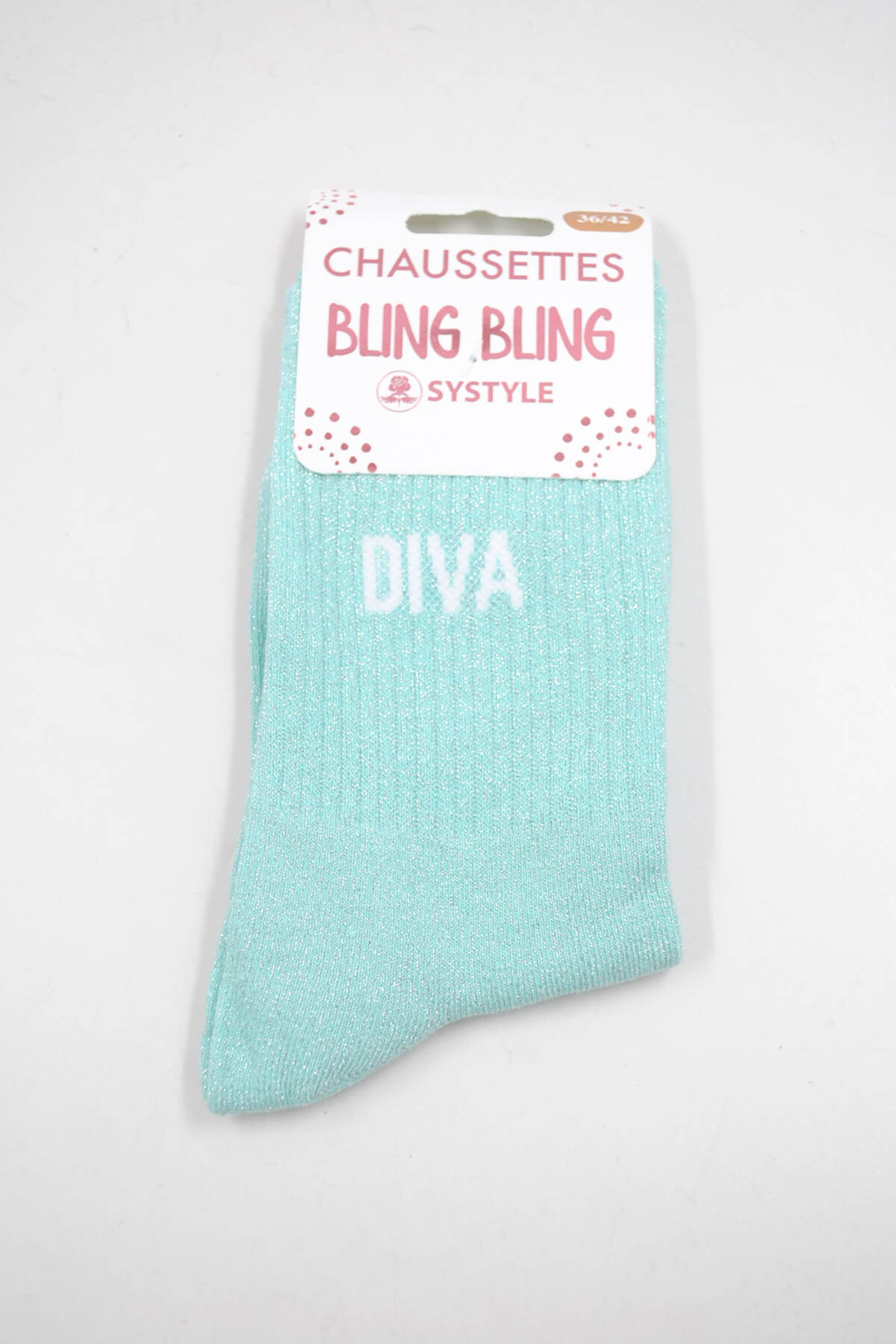 Wholesaler SyStyle - Shiny mid-calf socks with DIVA inscription, cotton blend, sizes 36 to 42, available in bright pink and mint green