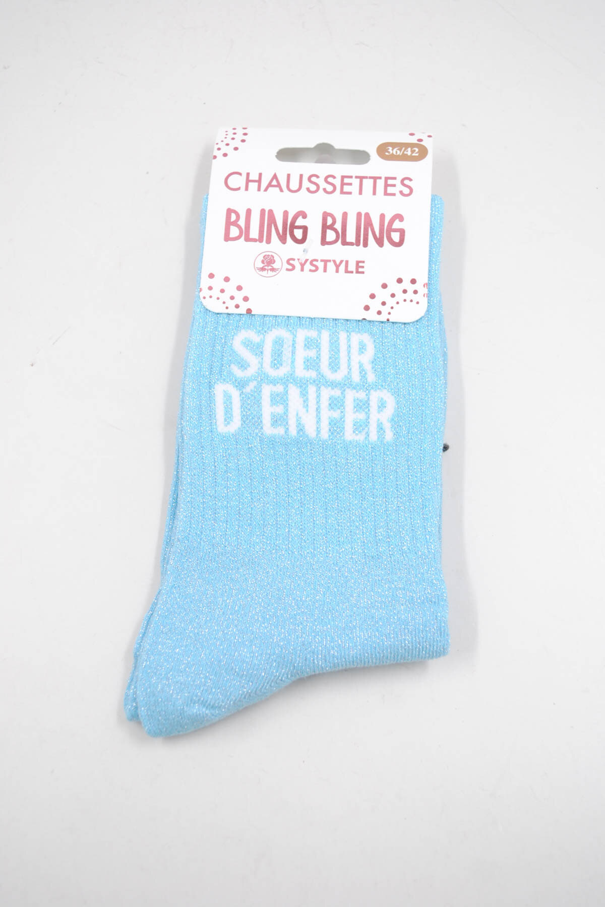 Wholesaler SyStyle - French Mid-calf Shiny Socks with French Message SOEUR D'ENFER, Cotton Blend, Size 36 to 42