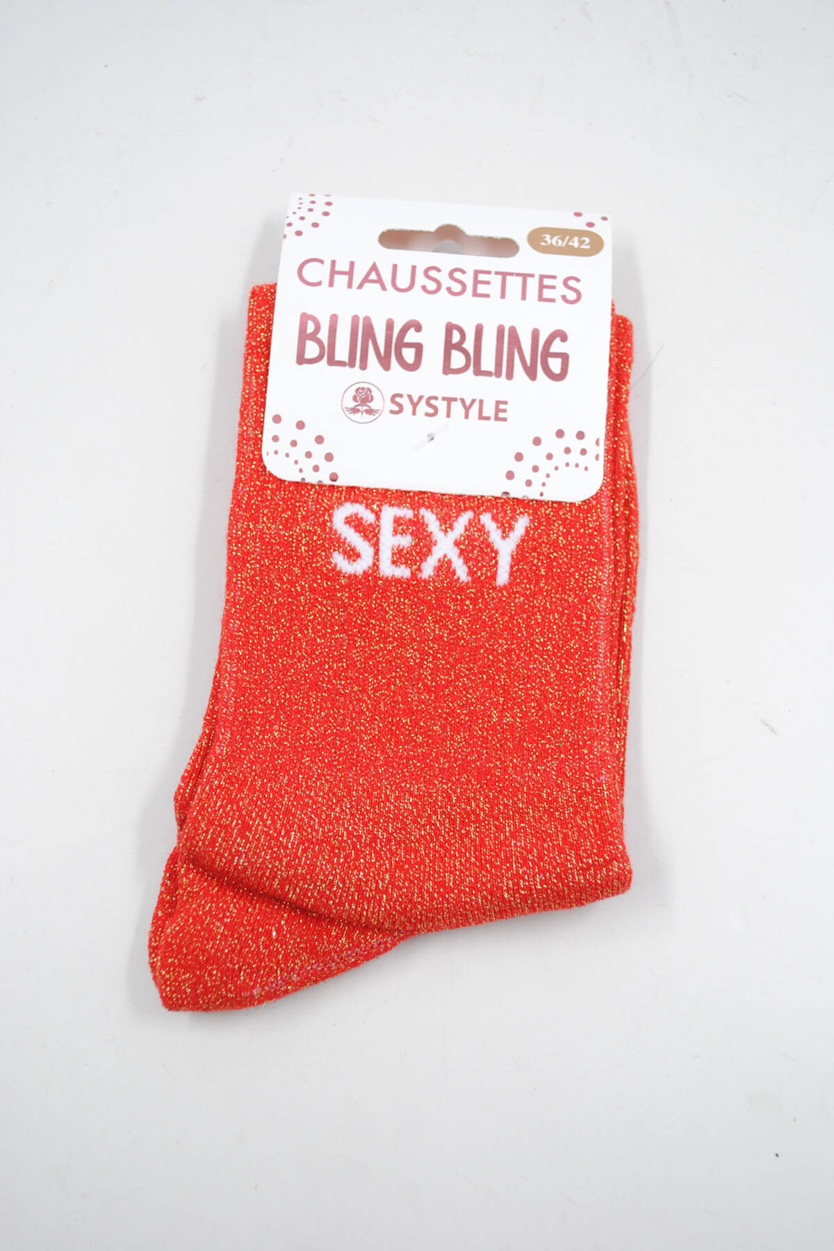 Wholesaler SyStyle - Mid-calf socks with shiny thread and SEXY print, cotton blend, sizes 36 to 42, available in pink and red