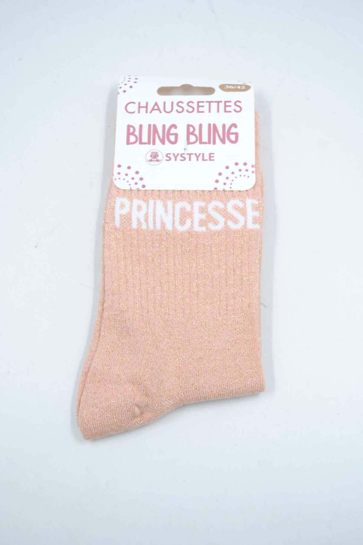 Wholesaler SyStyle - Shiny mid-calf socks with French message PRINCESS, cotton blend, size 36 to 42, nude pink color