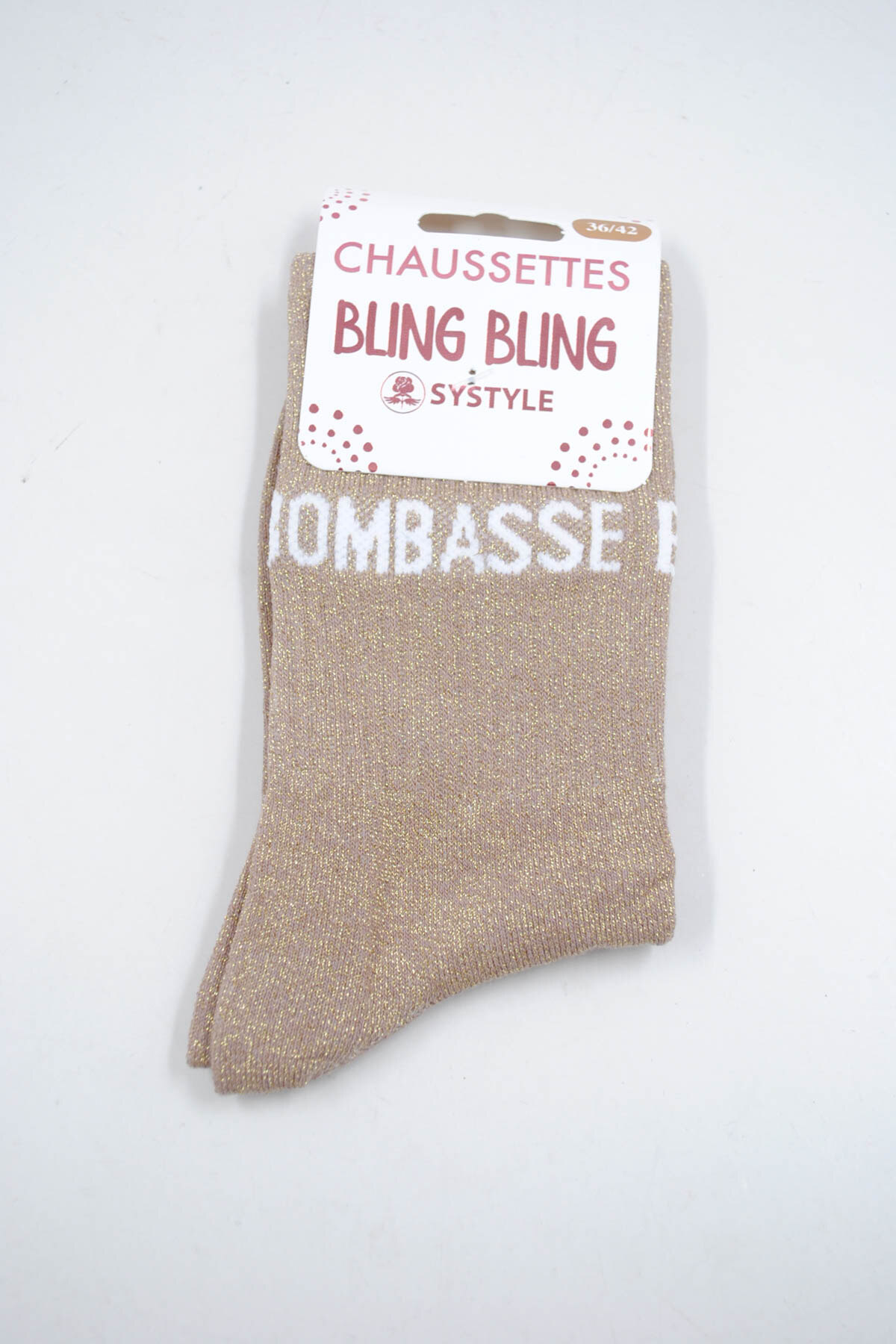 Wholesaler SyStyle - Mid-calf shiny socks with French message BOMBASSE, cotton blend, sizes 36 to 42, cream brown color with sparkling golden thread
