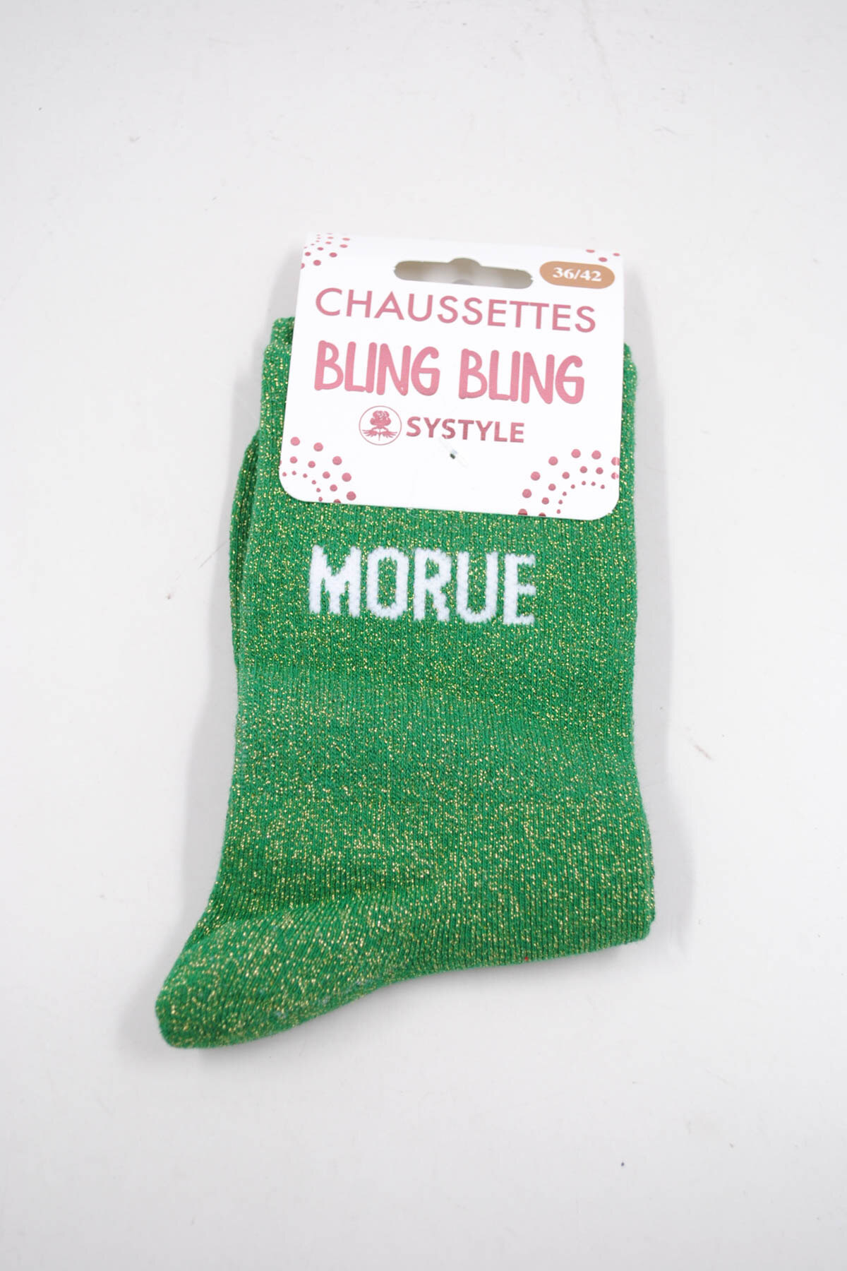 Wholesaler SyStyle - Mid-calf shiny socks with French message MORUE, cotton blend, sizes 36 to 42, available in bright green and silver grey