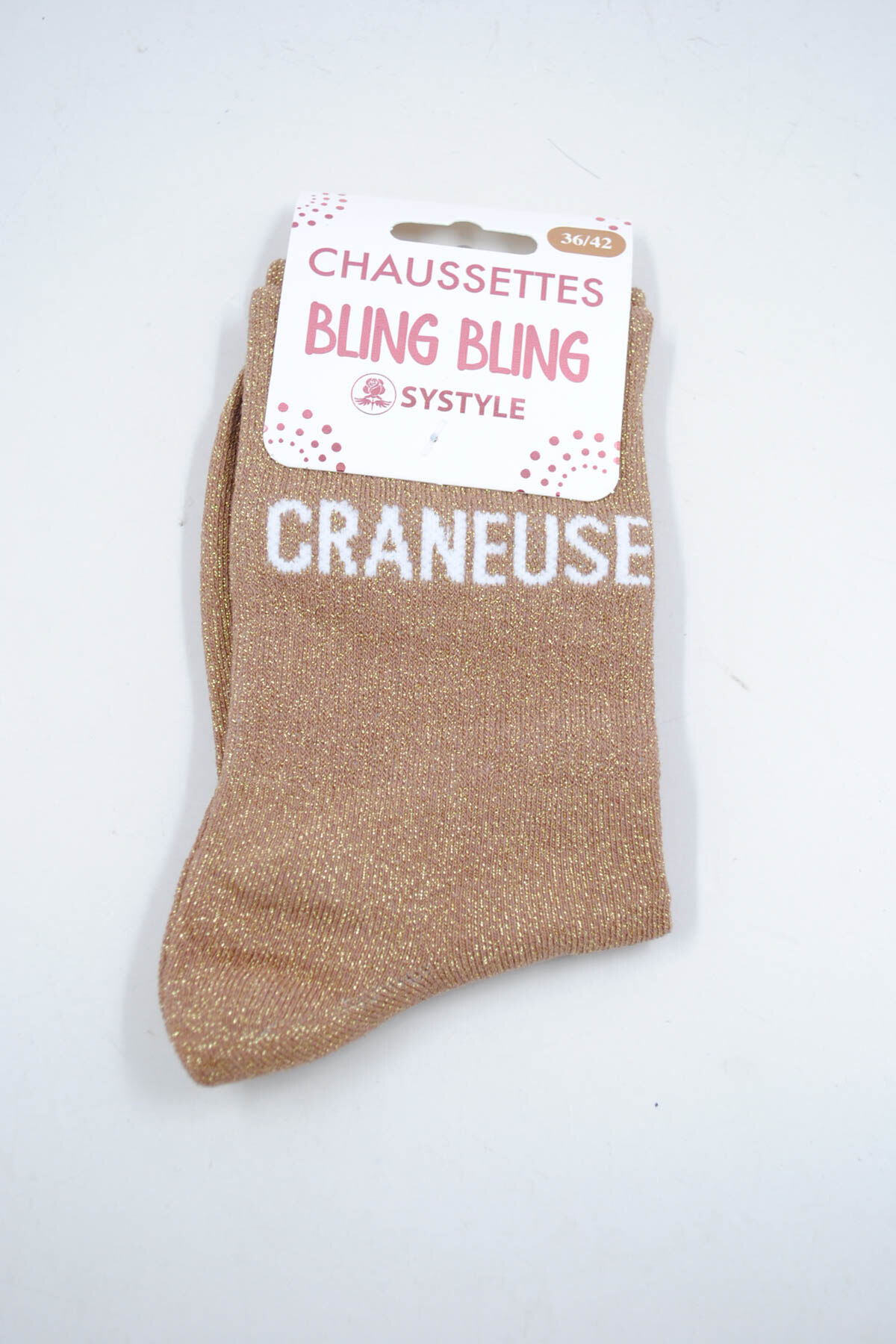 Wholesaler SyStyle - Mid-calf shiny socks with French message CRANEUSE, mixed cotton, sizes 36 to 42, cream brown color with sparkling golden thread