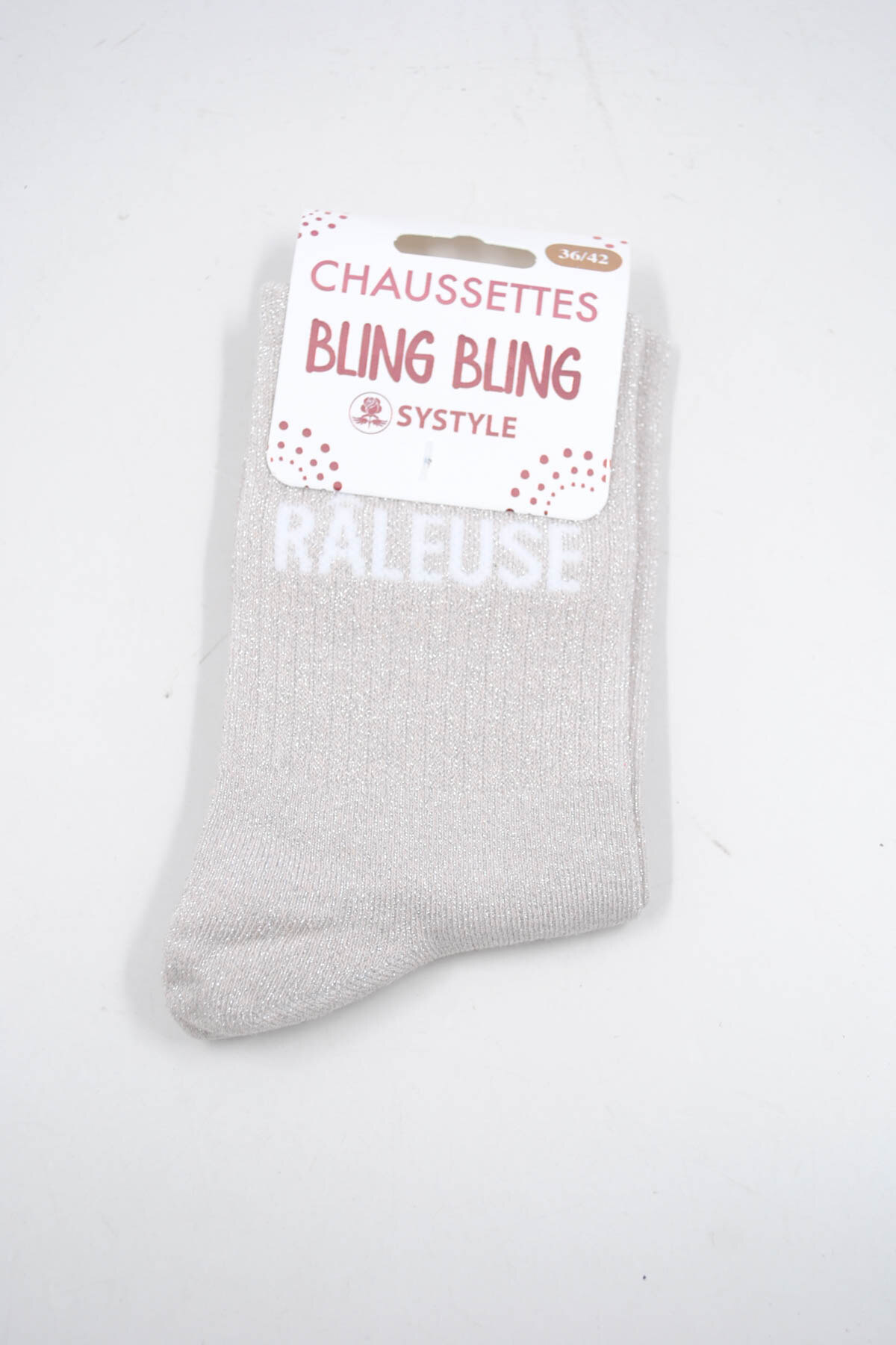 Wholesaler SyStyle - Mid-calf shiny socks with French message RALEUSE, mixed cotton, size 36 to 42, light champagne color