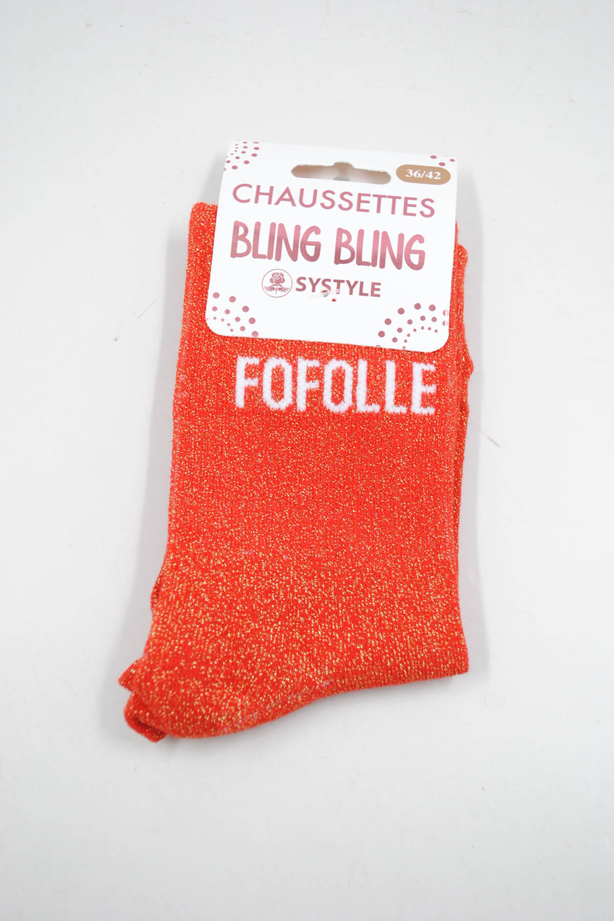 Wholesaler SyStyle - Mid-calf shiny socks with French message FOFOLLE, mixed cotton, sizes 36 to 42, coral orange color with sparkling golden thread