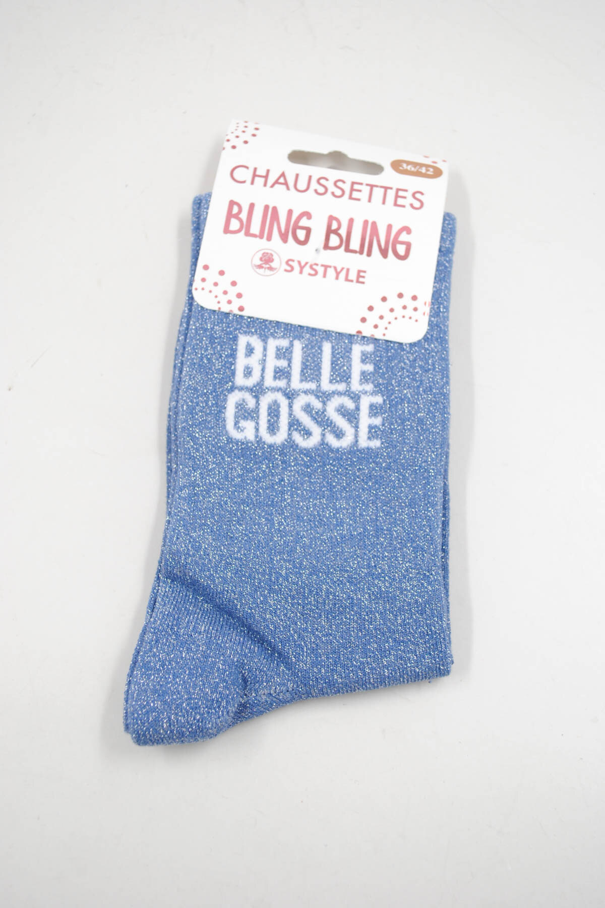 Wholesaler SyStyle - Mid-calf shiny socks with French message BELLE GOSSE, mixed cotton, sizes 36 to 42, royal blue color with shimmering silver thread