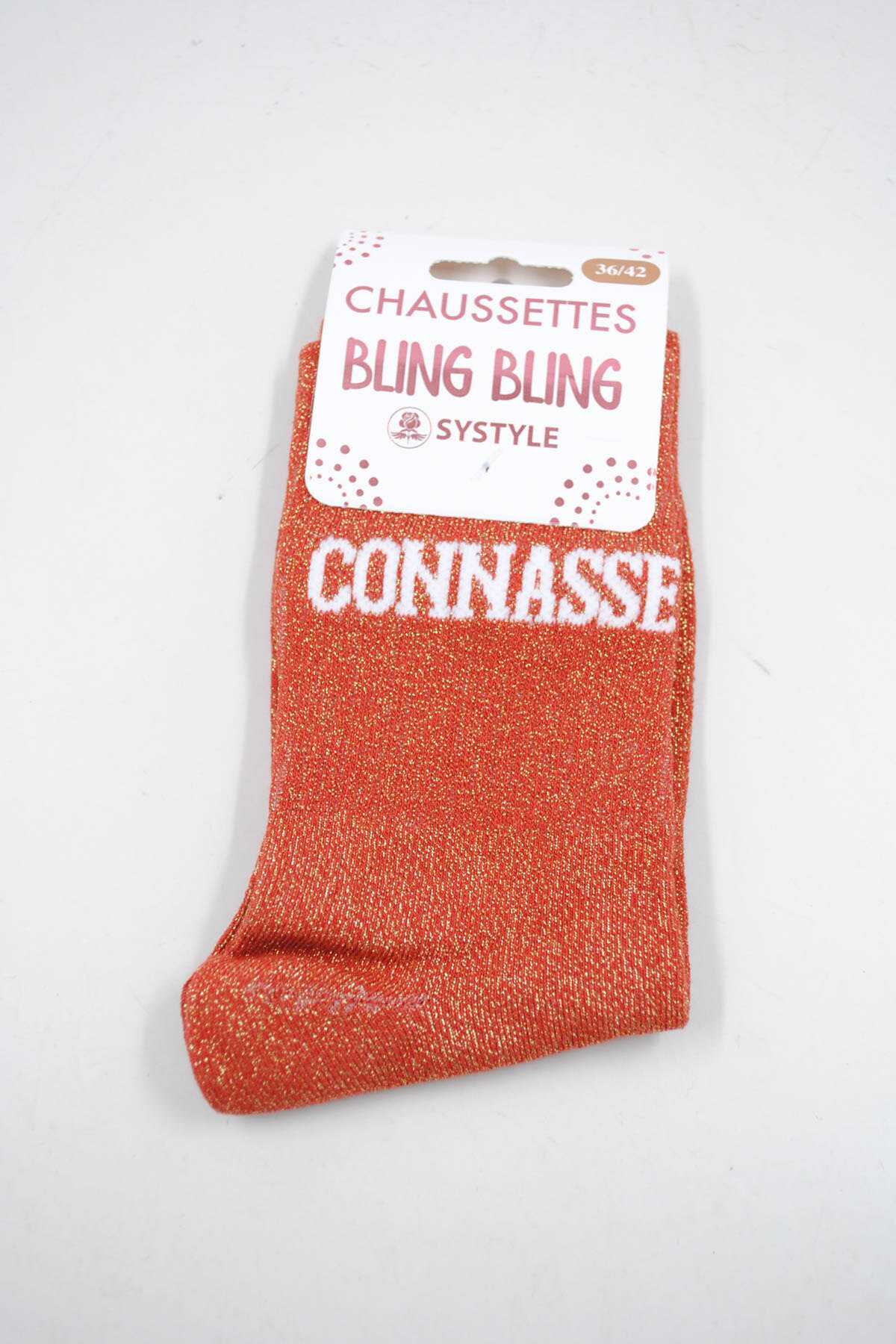 Wholesaler SyStyle - Mid-calf shiny socks with French message CONASSE, mixed cotton, sizes 36 to 42, multiple colors