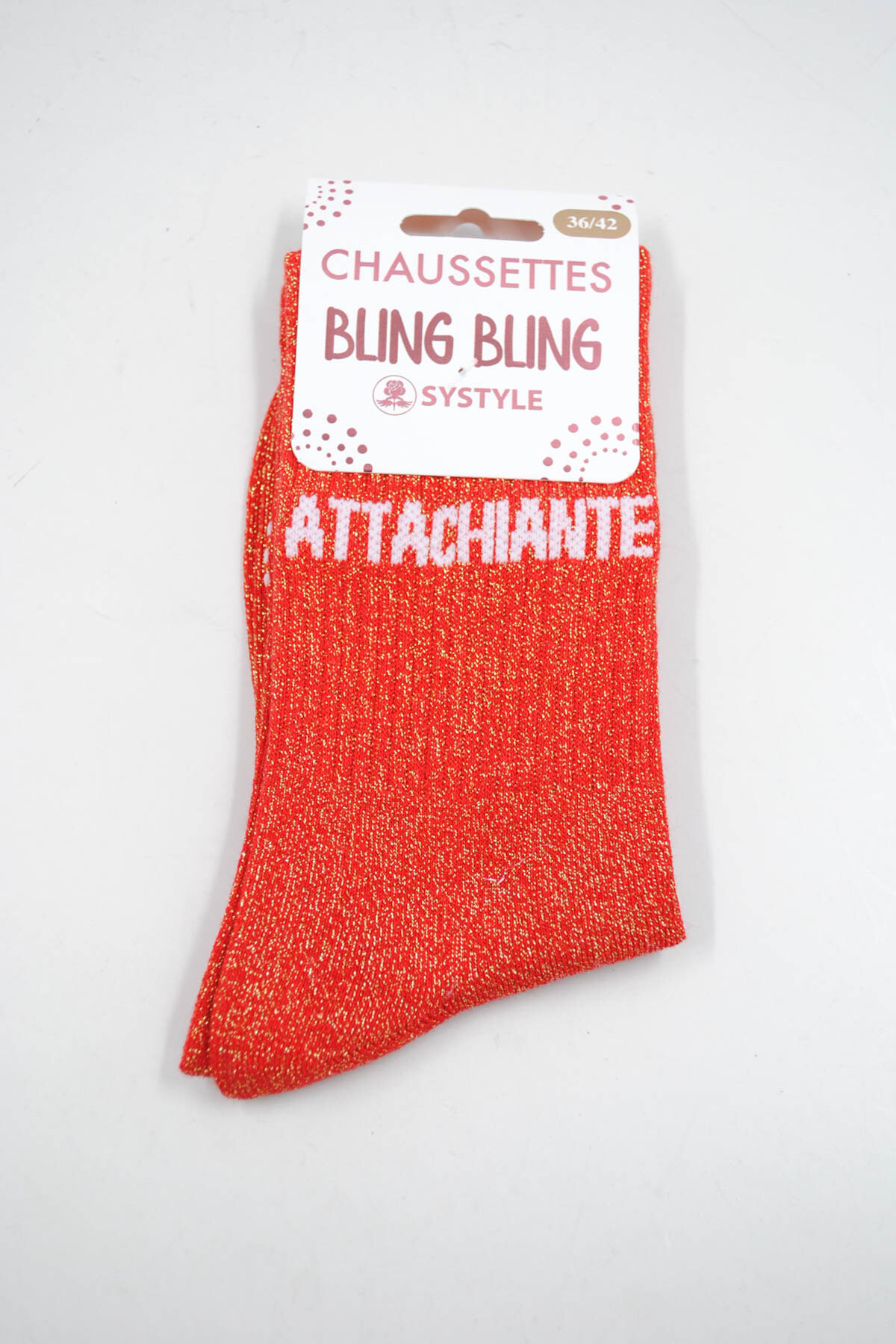 Wholesaler SyStyle - Mid-calf shiny socks with French message ATTACHIANTE, mixed cotton, sizes 36 to 42, coral orange color with shimmering golden thread