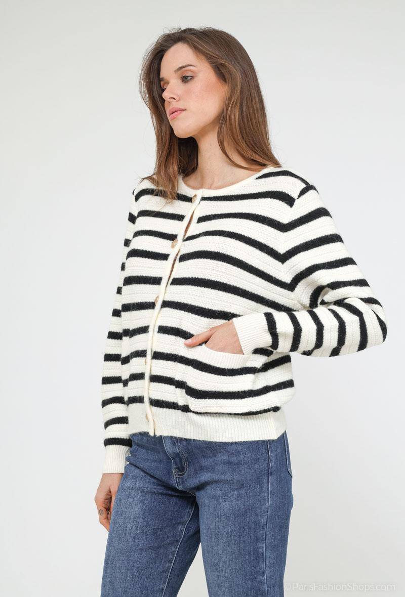 Großhändler Tandem - ZWEIFARBIGER RUNDHALS-CARDIGAN MIT GOLDKNOPF