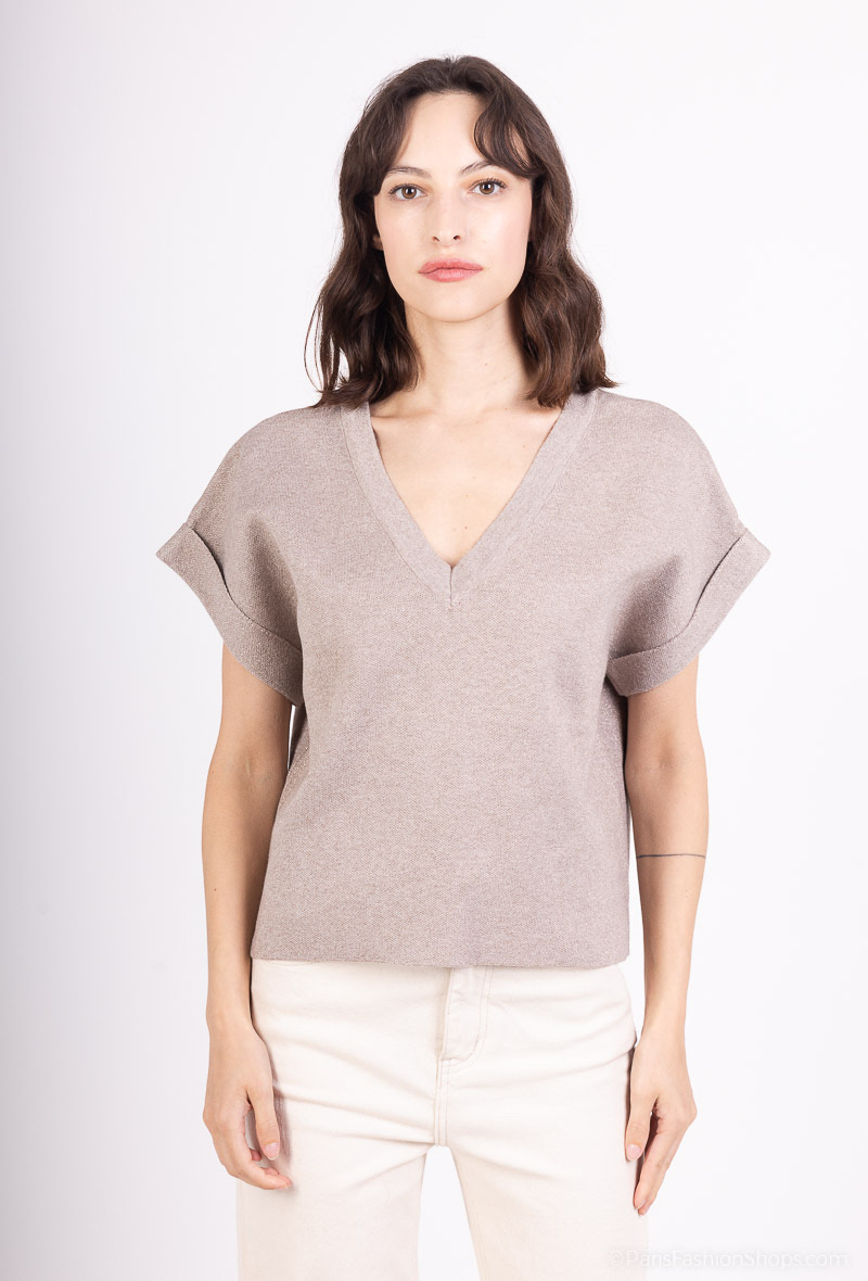 Großhändler Tandem - KURZÄRMELIGER LUREX-PULLOVER MIT V-AUSSCHNITT