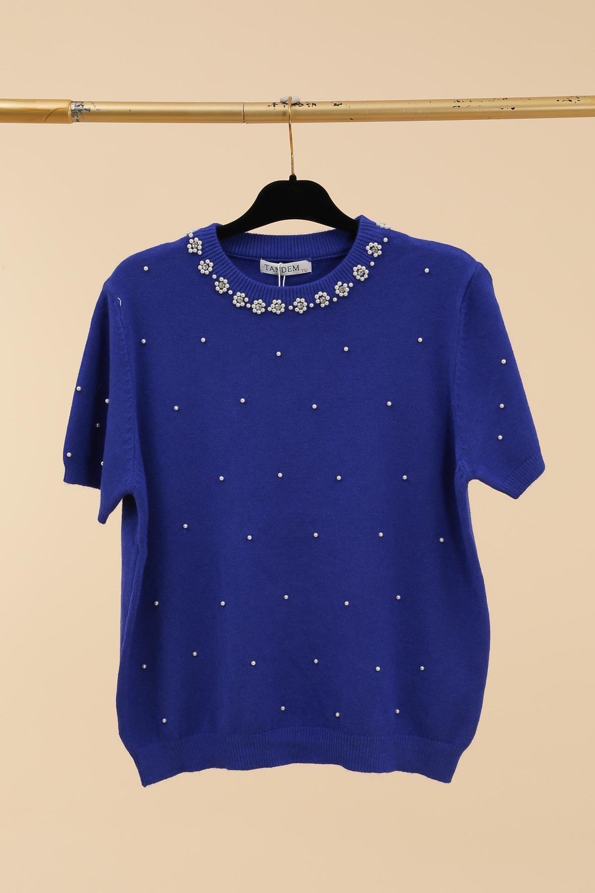 Pull Manches Courtes Atmosphere – Femme – Bleu Marine – Taille L – Motif Diamants – Neuf