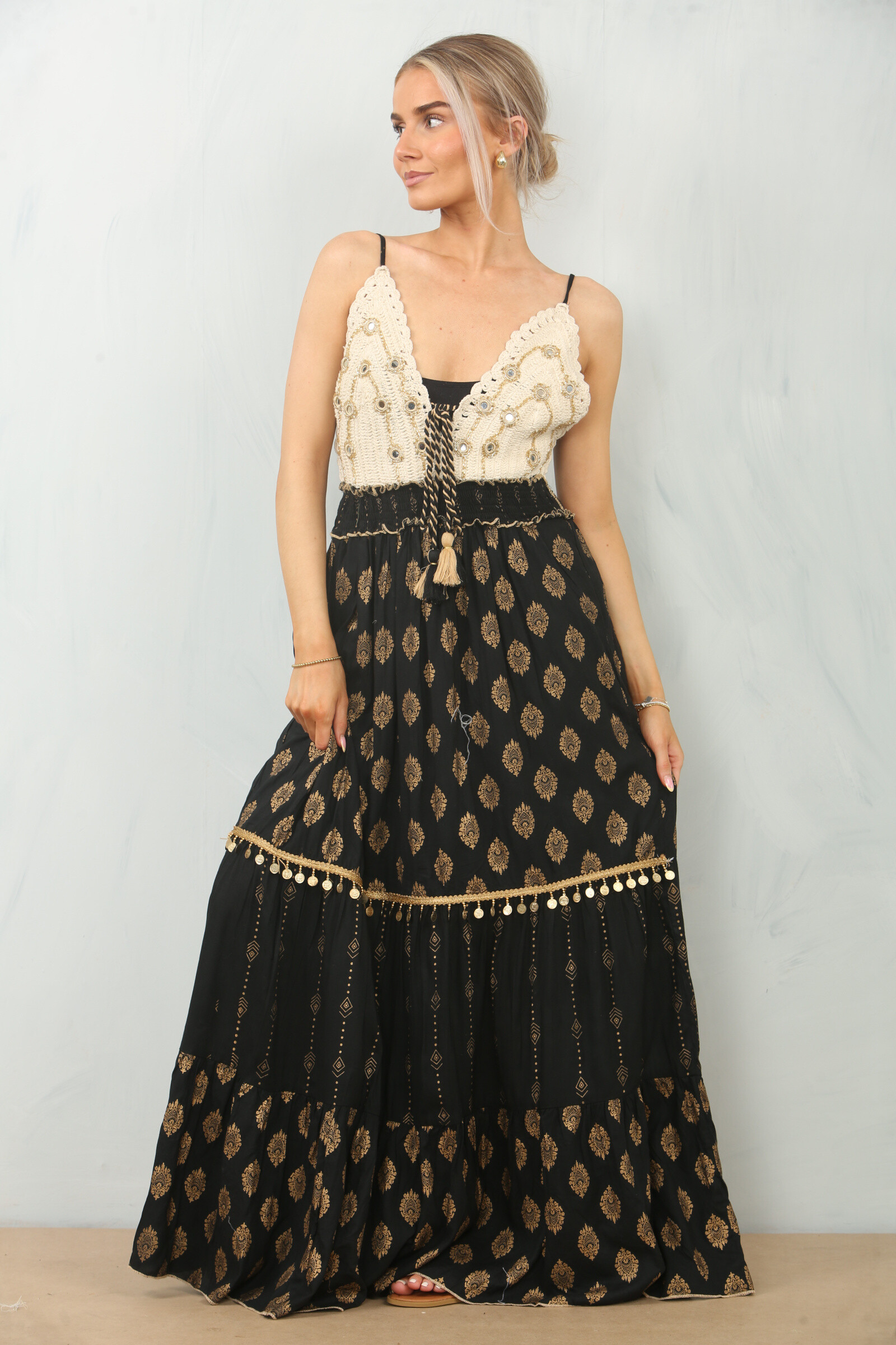 Wholesaler TANISHA - Long Bohemian Dress Embroidered High in crochet decorated with sequins-SK-25
