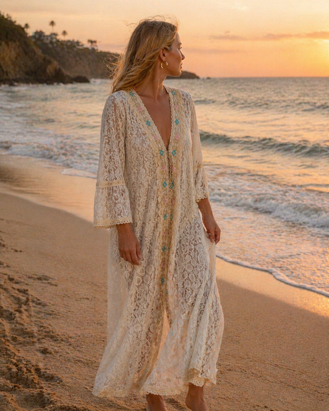 Grossista TDI FASHION - Kimono lungo in pizzo con profili decorati