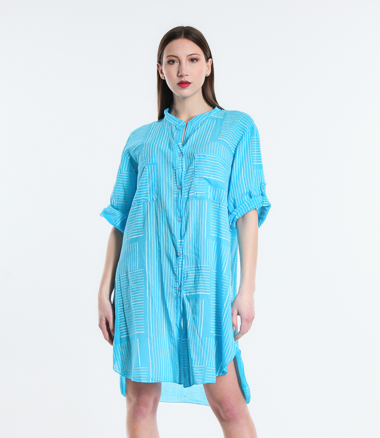 Grossiste TDI FASHION - Chemise longue style chemisier avec col mao, imprimé à rayures géométriques et manches retroussables