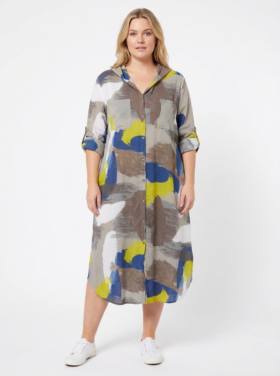 Grossiste TDI FASHION - Robe chemisier midi à imprimé abstrait, boutons sur le devant et manches retroussables