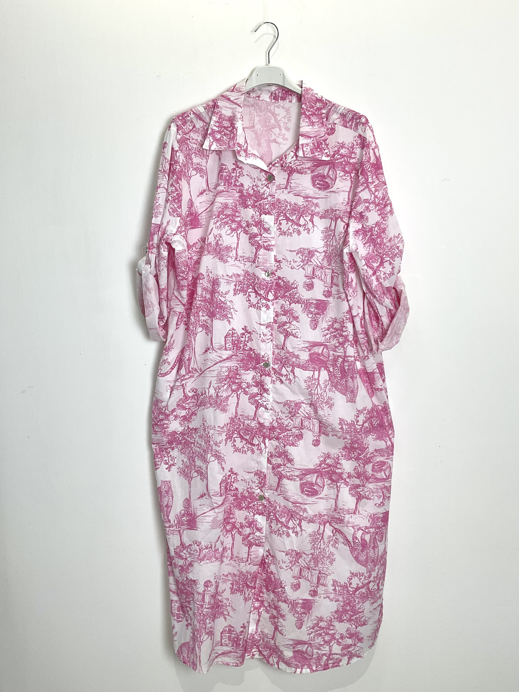 Wholesaler TDI FASHION - Women's white and blue shirt dress with landscape print, front buttons, and adjustable sleeves