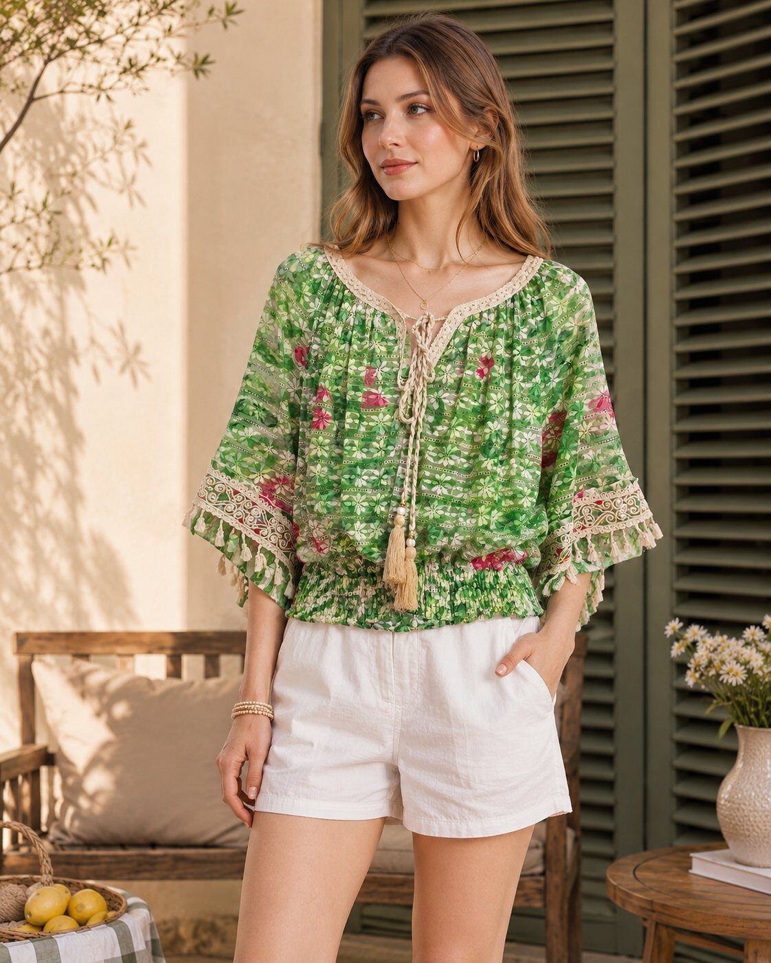 Mayorista TDI FASHION - Blusa verde de mujer con estampado floral, lazos y mangas amplias estilo boho