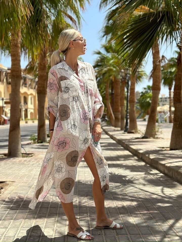 Grossiste TDI FASHION - Chemise longue oversize à imprimé floral, col classique et manches retroussables