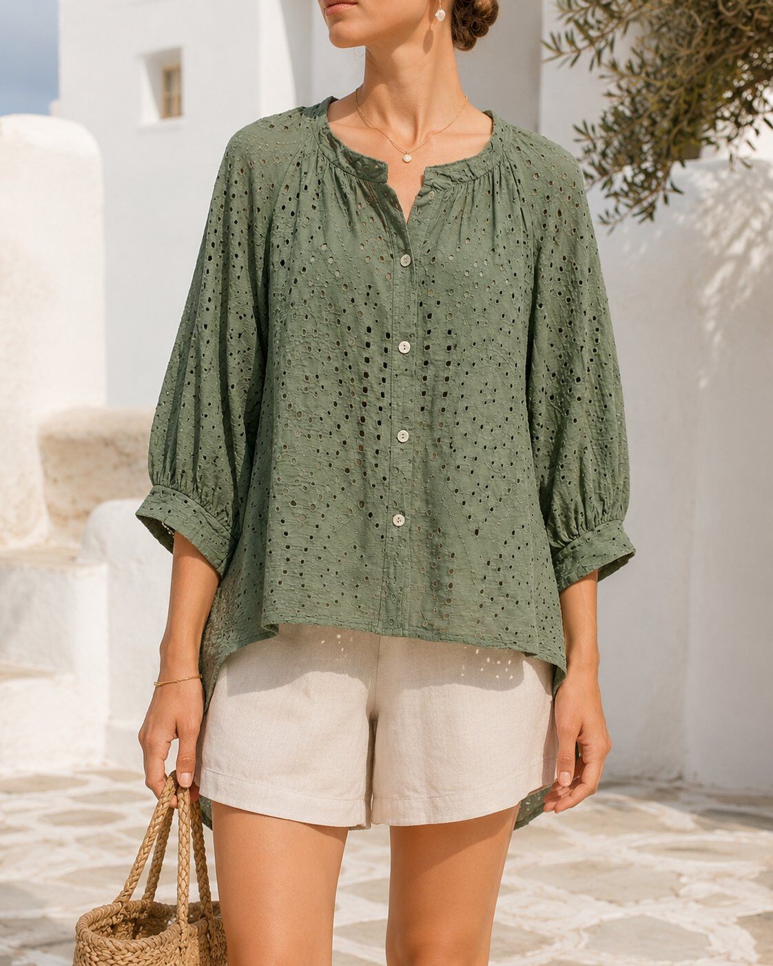 Wholesaler TDI FASHION - Sage green eyelet blouse for women with front buttons and wide sleeves