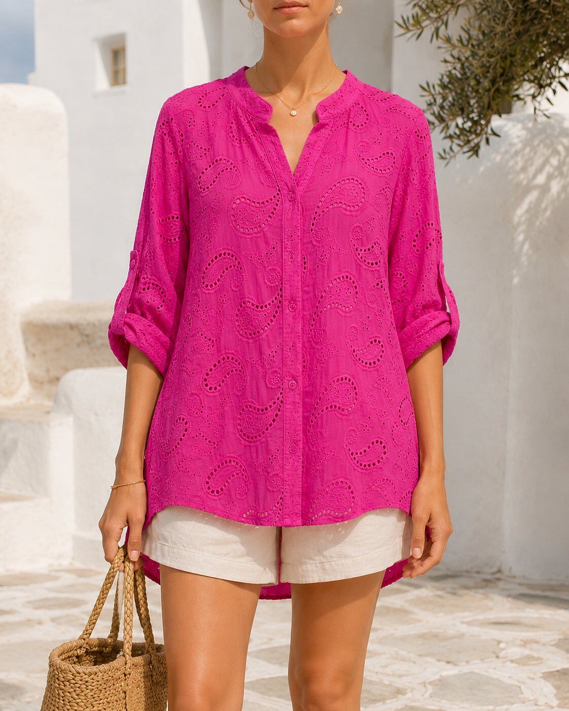 Wholesaler TDI FASHION - Women's fuchsia eyelet blouse with mandarin collar, front buttons, and adjustable sleeves