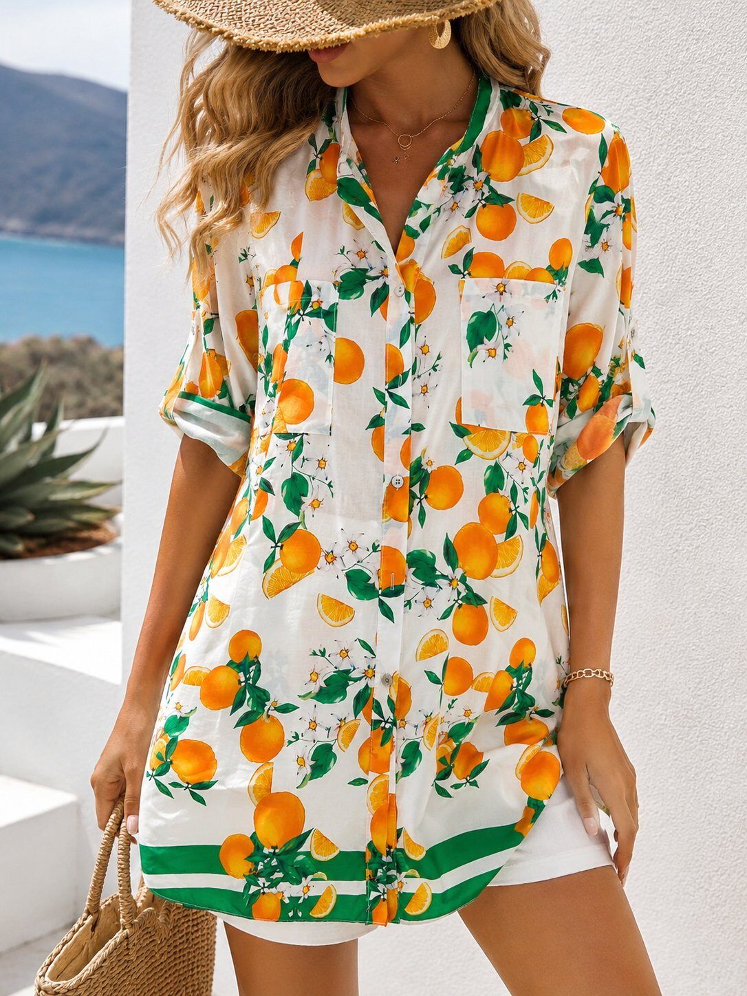 Mayorista TDI FASHION - Vestido largo de mujer blanco y verde con estampado de limones, corpiño elástico y mangas abullonadas