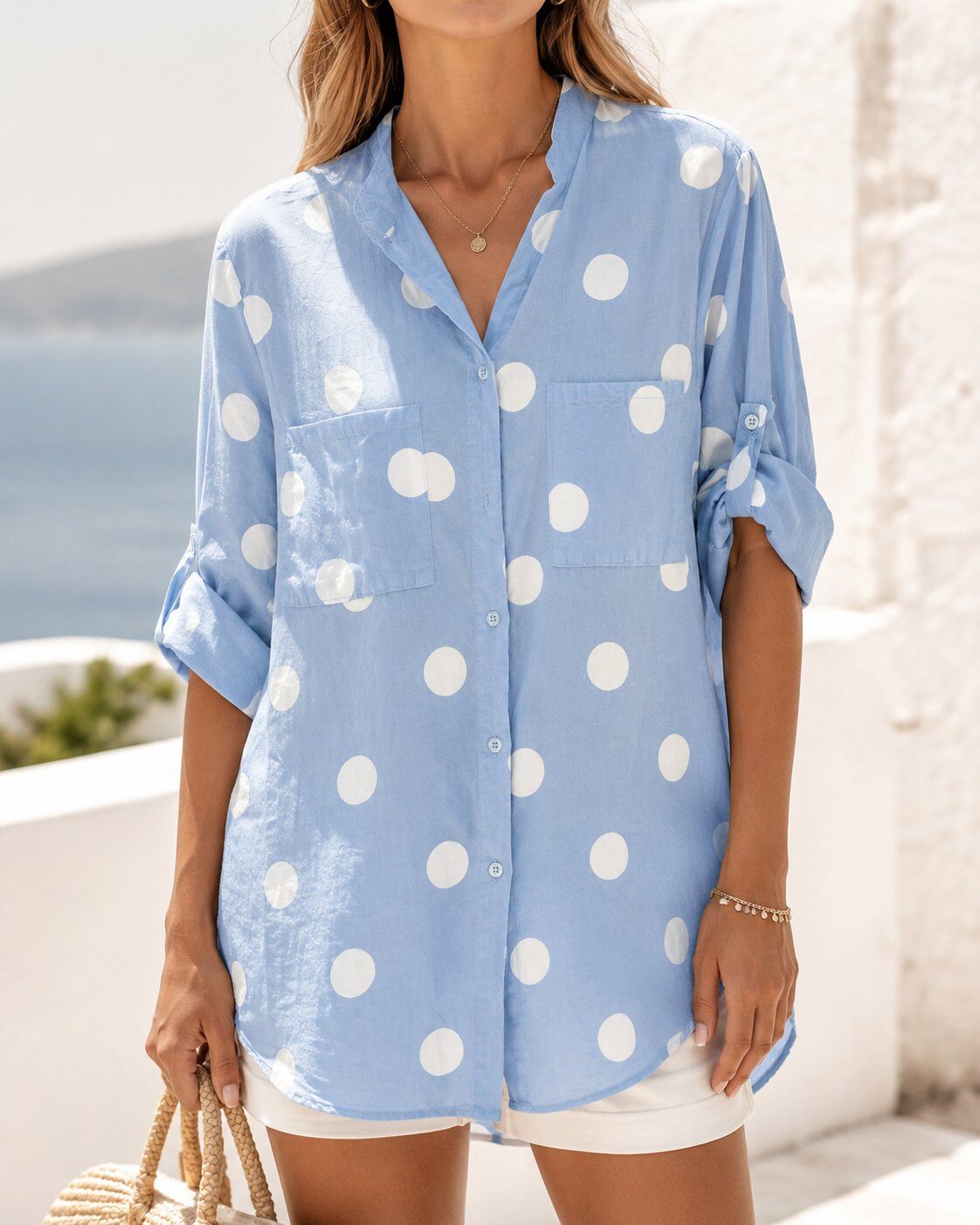 Mayorista TDI FASHION - Vestido camisero azul para mujer con maxi lunares blancos, botones frontales y mangas ajustables
