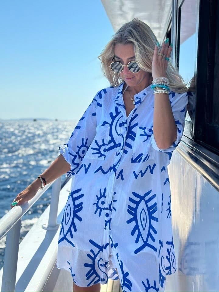 Grossiste TDI FASHION - Chemise longue style tunique imprimée, col mao et manches 3/4 avec revers