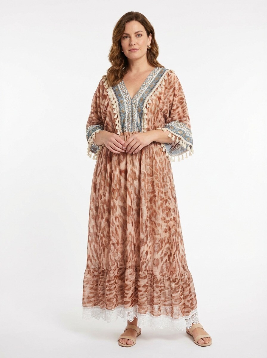 Grossista TDI FASHION - Abito kaftano lungo boho con scollo a V decorato e dettagli con frange