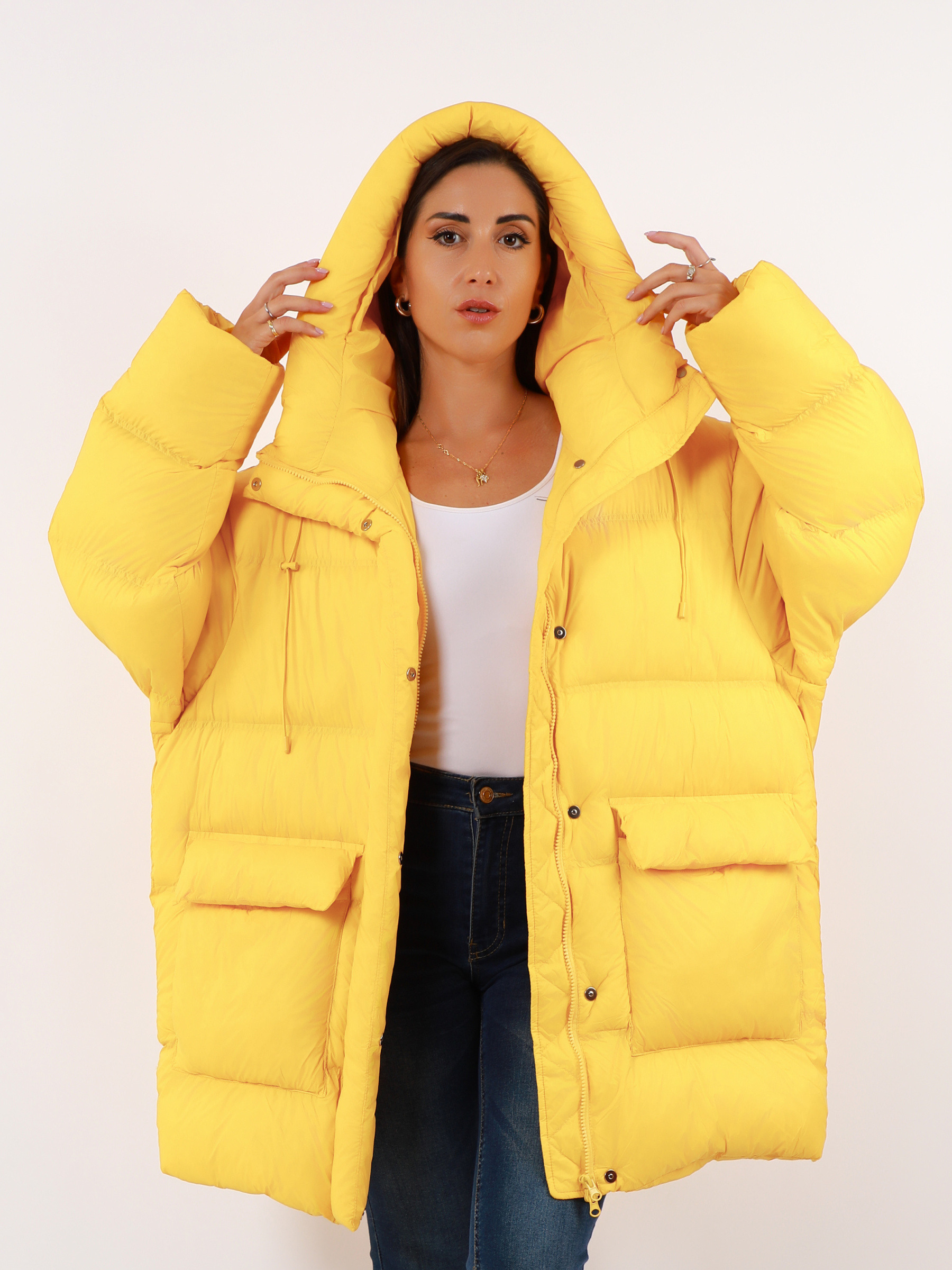 Wholesaler TDI FASHION - Women's oversized yellow puffer jacket with hood – extra comfort winter coat