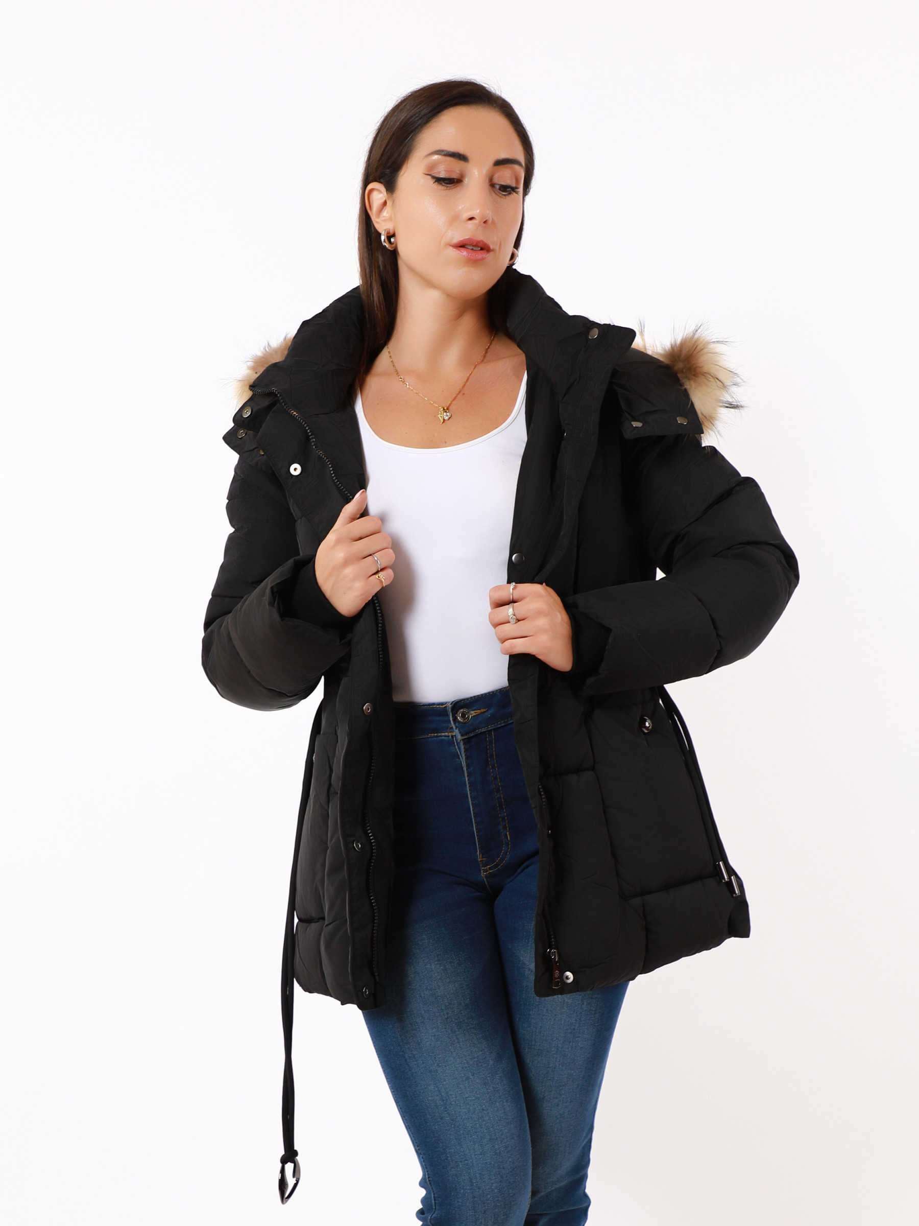 Wholesaler TDI FASHION - Women's short black down jacket with belt and fur hood – elegant winter coat