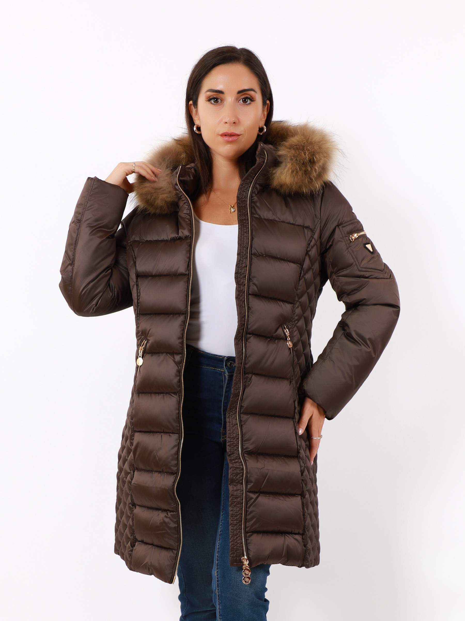 Wholesaler TDI FASHION - Long brown women's down coat with hood and fur – slim fit winter jacket